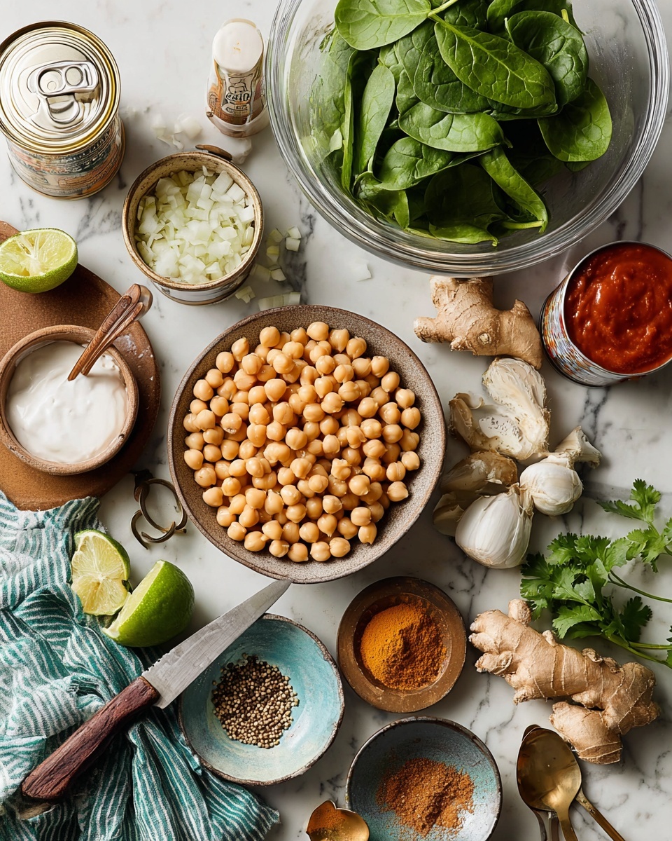 The image shows a flat lay of ingredients on a white marbled surface, including a bowl full of light tan chickpeas in the center, a small bowl of chopped white onions with a half lime and a knife with a wooden handle to the right, and a half-opened can of white coconut cream nearby. To the upper right, there is a large clear bowl filled with fresh green spinach leaves. Surrounding these are fresh ginger roots, a bulb of garlic and some peeled cloves on a small brown plate, a can with bright red tomato paste, a dish of orange curry powder, a small dish of whole cumin seeds, and a small blue plate with brown ground spices and a small brass spoon. There is also a bunch of fresh green cilantro laying near the onion bowl and a striped cloth near the chickpea bowl. Photo taken with an iphone --ar 4:5 --v 7