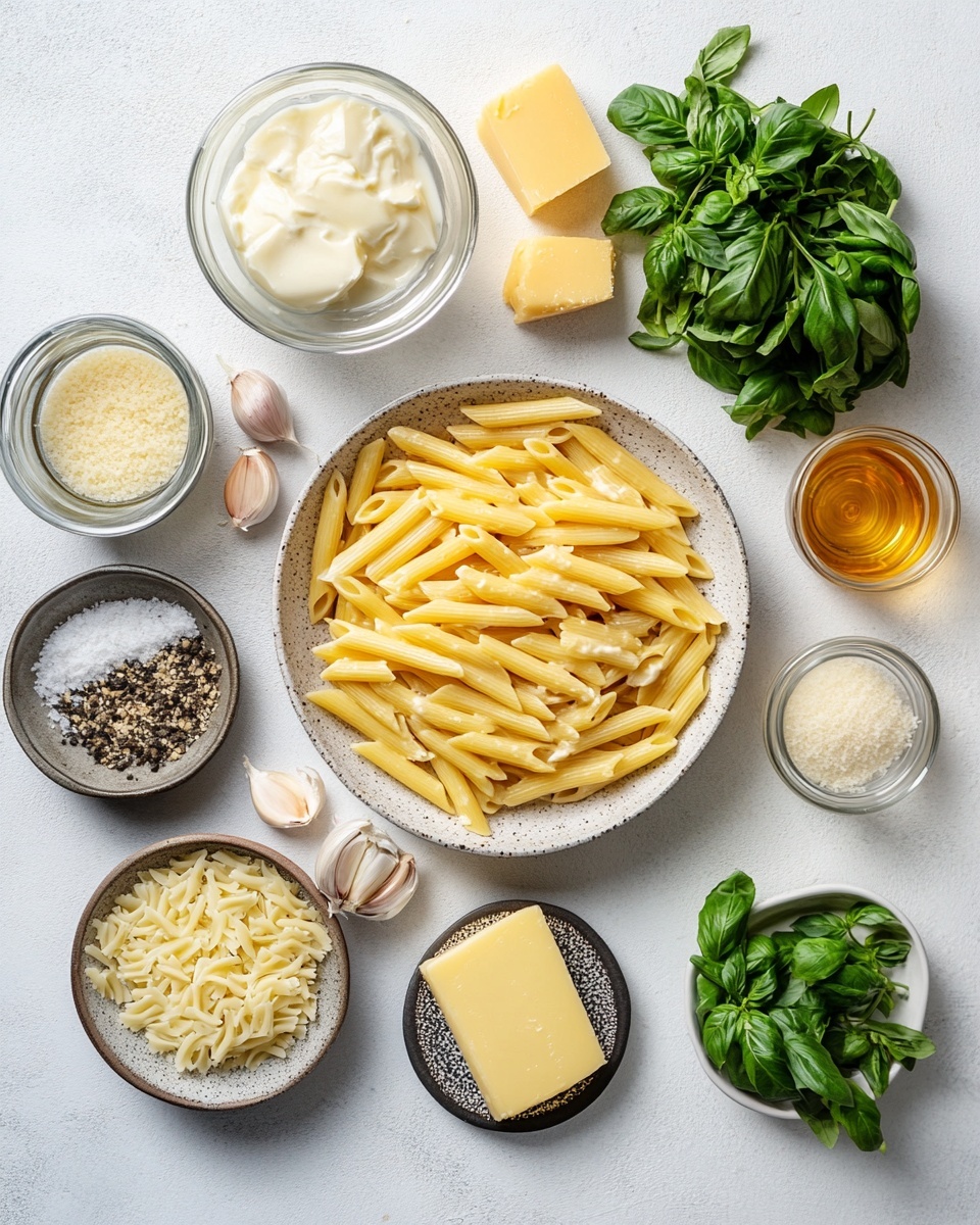 A white bowl holds a serving of creamy penne pasta layered in a light off-white sauce. The pasta is topped with finely grated white cheese scattered evenly across the dish. Small green basil leaves are sprinkled on top, adding touches of fresh color. Crushed red pepper flakes and coarse black pepper dots are sprinkled evenly all over, giving bursts of red and black against the creamy pasta. The background shows a white marbled surface with slight blur. photo taken with an iphone --ar 4:5 --v 7