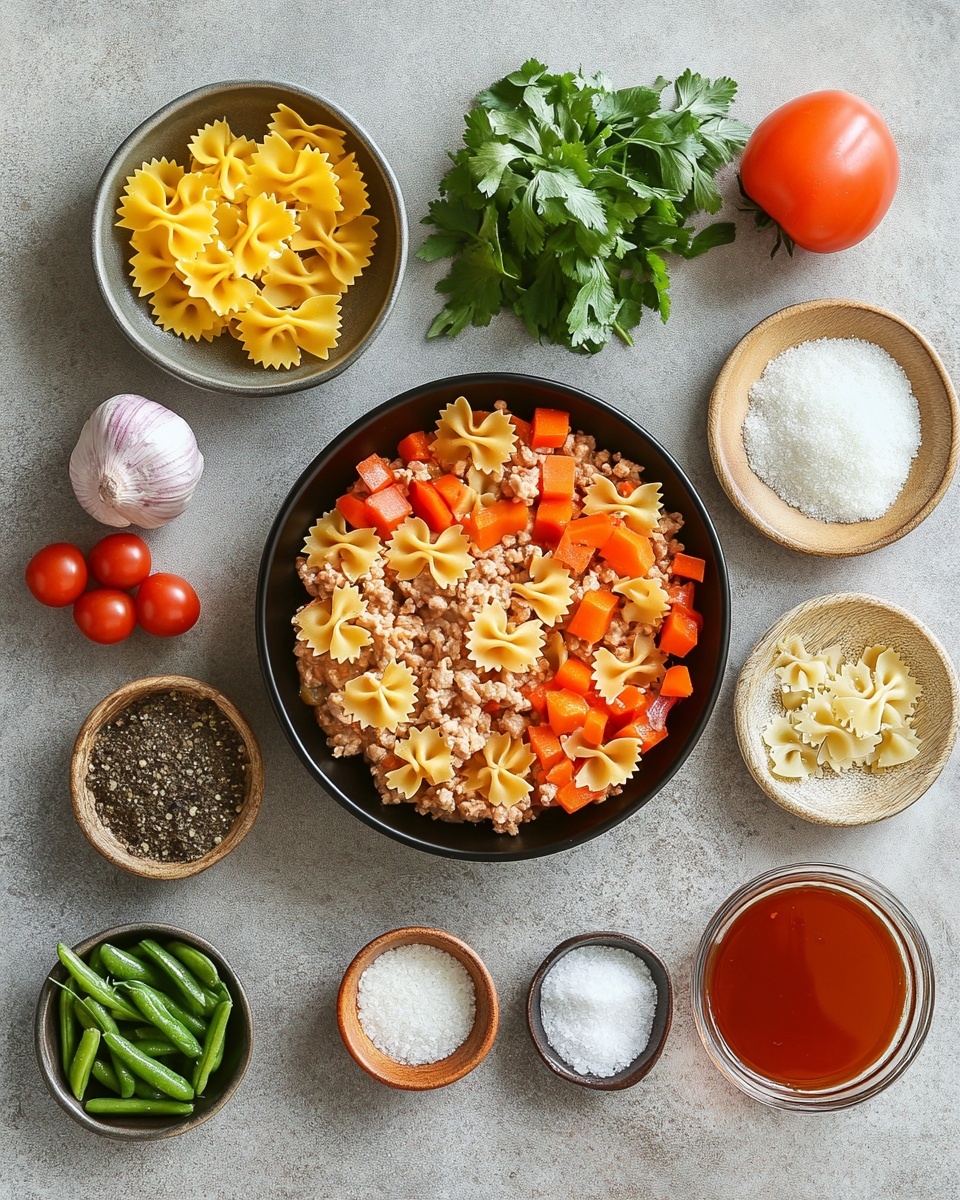 A white bowl filled with a rich soup showing four main layers: at the bottom is a clear orange broth, above it chunks of light brown ground meat mixed with small pieces of green peas, orange carrots, yellow corn, and green beans; scattered on top are large pieces of yellow bowtie pasta with a smooth texture, some partially submerged. The bowl sits on a floral cloth on a white marbled surface, with a wooden pepper grinder partially visible behind and a small dark dish containing white grated cheese beside two golden spoons with black handles nearby. Photo taken with an iphone --ar 4:5 --v 7