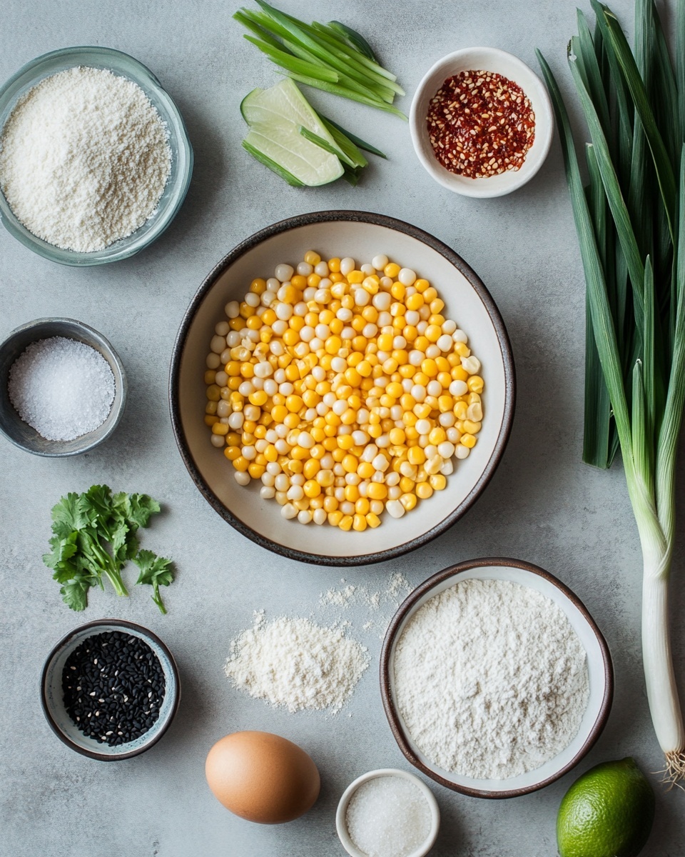 The image shows two tall sandwiches on white plates, placed on a white marbled surface. Each sandwich has a soft, golden-brown bun with black sesame seeds on top, held together with a small red or yellow stick. The bottom bun layer is thick and white, topped with a fresh, bright green leafy lettuce layer. Above the lettuce is a thick, crispy patty mixed with corn and bits of red peppers, its texture rough with visible charred spots. A creamy white sauce is spread over the patty, and some red sauce is added on top of the sauce. The top bun sits lightly on the stack, slightly shiny and soft. On the left side of the image, there is a glass jar with red sauce and a spoon, with a woman's hand nearby and a blue cloth. In the background, there are two blurred glasses, one white and one blue. Photo taken with an iphone --ar 4:5 --v 7