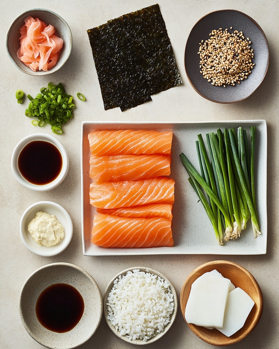 A white rectangular casserole dish filled with a baked layered dish topped with bright orange sauce and dark reddish-brown sauce drizzled in lines across the surface. The top is sprinkled with small black sesame seeds and chopped fresh green onions, giving a mix of black and green color speckles. The baked dish inside has a creamy orange color base with browned edges showing slight crispiness. Around the dish, there are scattered chopped green onions and black sesame seeds on a white marbled texture surface. Nearby, a small white plate holds two square sheets of dark green seaweed, and there is a small white bowl of mixed black and white sesame seeds to the side. Soft natural light casts gentle shadows. Photo taken with an iphone --ar 4:5 --v 7