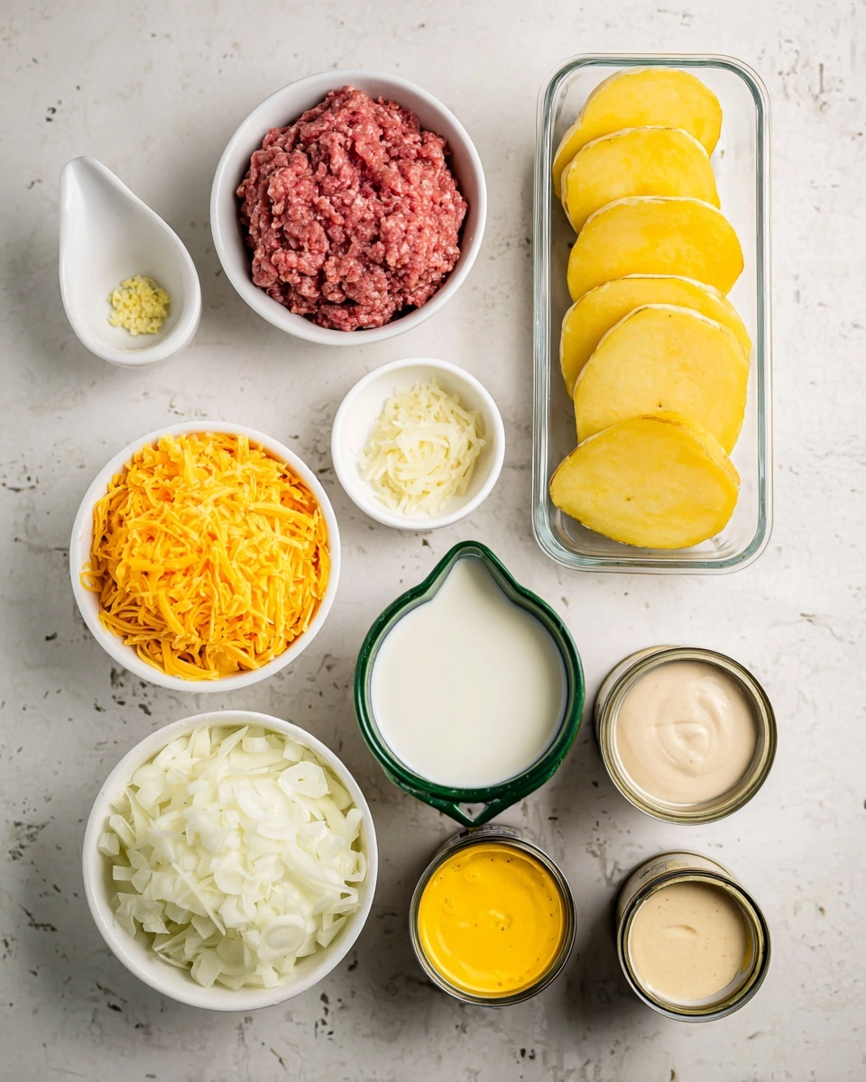 The image shows an arrangement of ingredients on a white marbled surface. On the top right, there is a clear rectangular container filled with thin, round yellow potato slices stacked neatly in layers. To the left of it, a small white bowl contains raw ground meat with a pink and red mixed texture. Below the meat, another white bowl holds finely chopped white onions. To the bottom left, a larger white bowl is filled with bright orange shredded cheddar cheese. At the center, a tiny white bowl contains a small amount of minced garlic. On the right side near the middle, a small glass green-handled measuring cup holds white milk. Below the garlic bowl, a small black-rimmed bowl is filled with yellow mustard. At the bottom right are two open cans with light creamy sauces inside, one pale beige and the other a light, chunky gray sauce. photo taken with an iphone --ar 4:5 --v 7