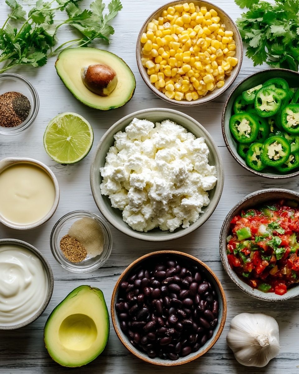 The image shows a top-down view of several bowls and ingredients arranged neatly on a white marbled surface. There is a large bowl in the center filled with chunky white cottage cheese. Surrounding it are smaller bowls containing bright yellow corn kernels, sliced green jalapenos, dark black beans, and red tomato salsa with green herbs mixed in. A halved avocado with its pit is on the left, next to a whole lime and a halved lime showing bright green flesh. There are small containers holding creamy white sour cream, a pale yellow sauce, ground spices, and sliced green chili peppers. Fresh green cilantro leaves and a whole garlic bulb are placed towards the bottom. Everything is arranged in a clean, organized way, showing fresh and colorful ingredients. Photo taken with an iphone --ar 4:5 --v 7