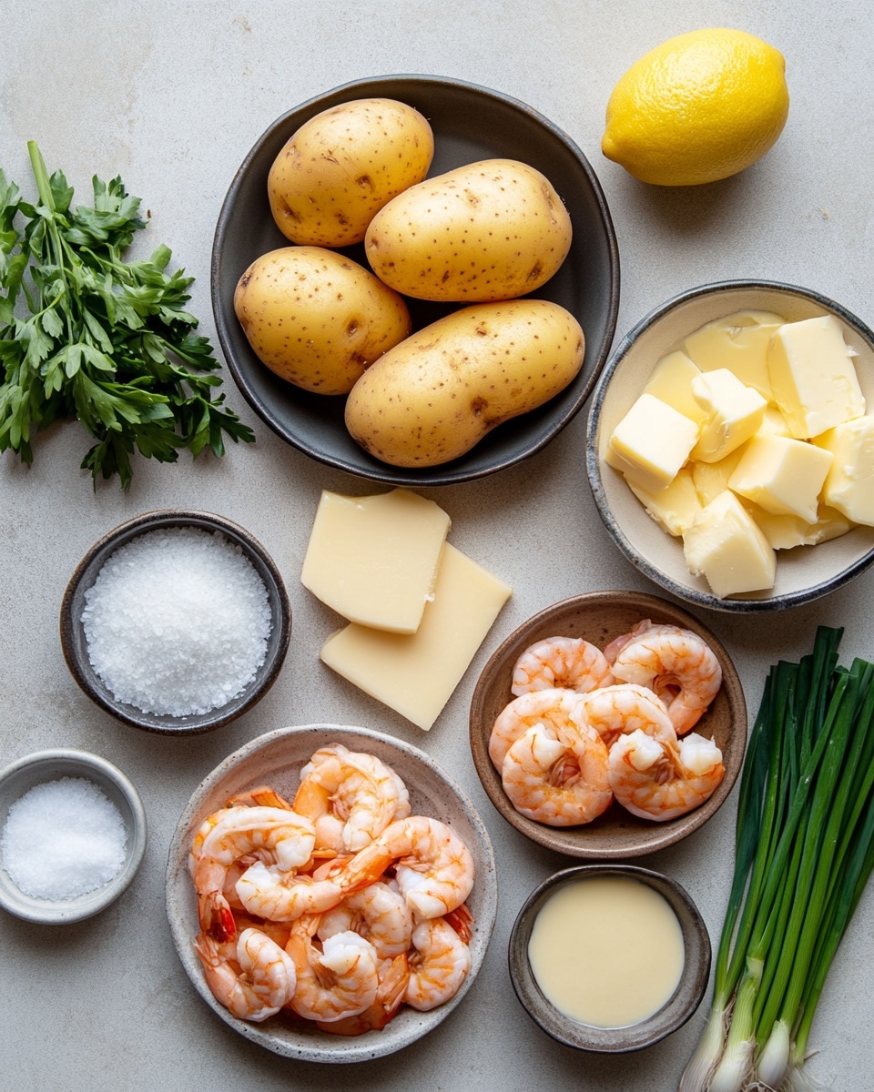 A baked potato with crispy brown skin is split open and filled with a creamy, slightly yellowish mixture that looks soft and cheesy with small bits of red and green. On top, bright green sliced scallions add a fresh and colorful touch. The potato is placed in the center of a simple white plate sitting on a white marbled surface. photo taken with an iphone --ar 4:5 --v 7