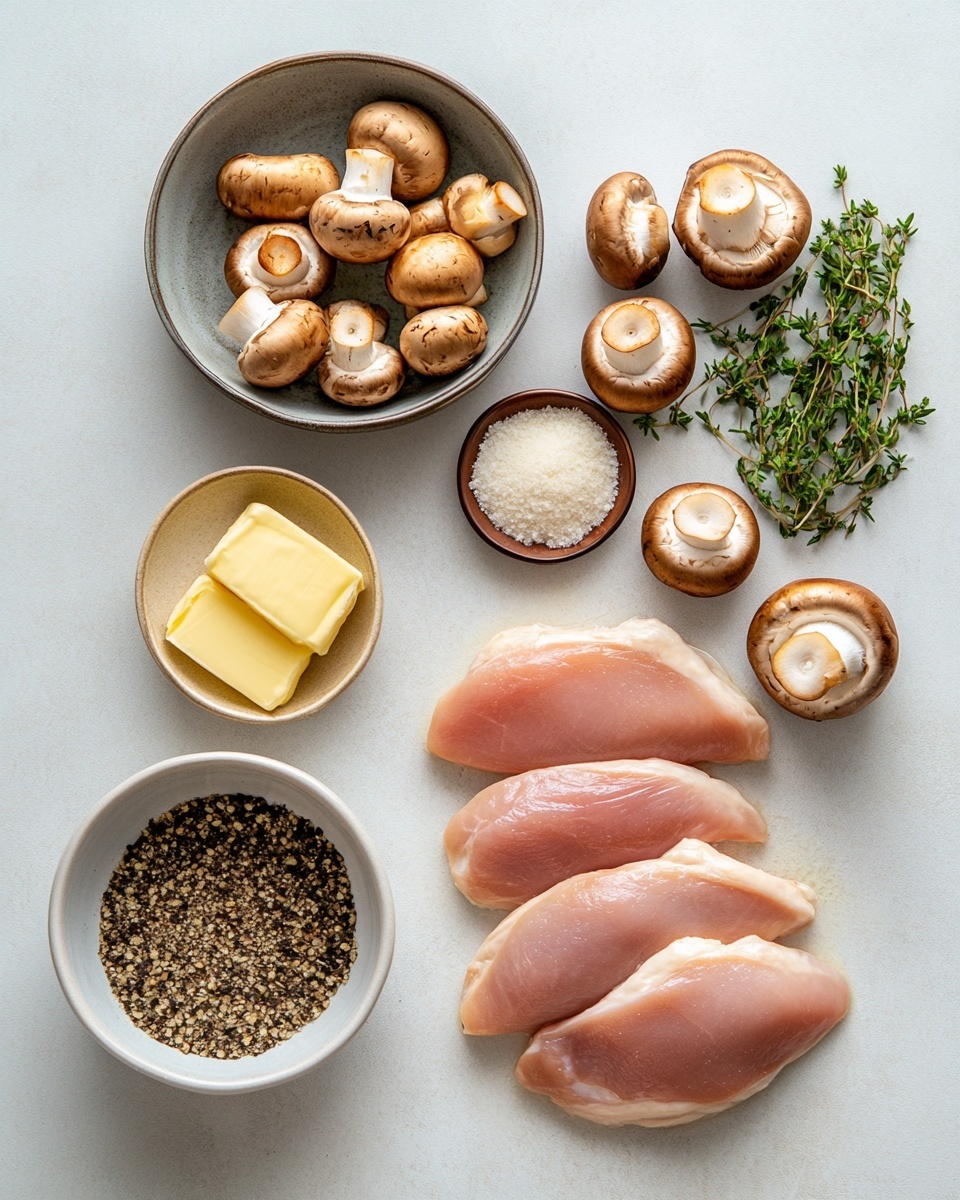 A white pan holds six golden-brown cooked chicken pieces layered evenly across the base, each coated with a shiny brown sauce with bits of finely chopped onions and herbs. Thick slices of browned mushrooms are spread over and around the chicken, sitting in a light brown broth that fills the pan. Small green herb pieces are sprinkled on top, adding a fresh touch. A wooden spoon lifts one chicken piece slightly, revealing more mushrooms and sauce underneath. The pan is placed on a white marbled surface with a bunch of fresh green herbs nearby. Photo taken with an iphone --ar 4:5 --v 7