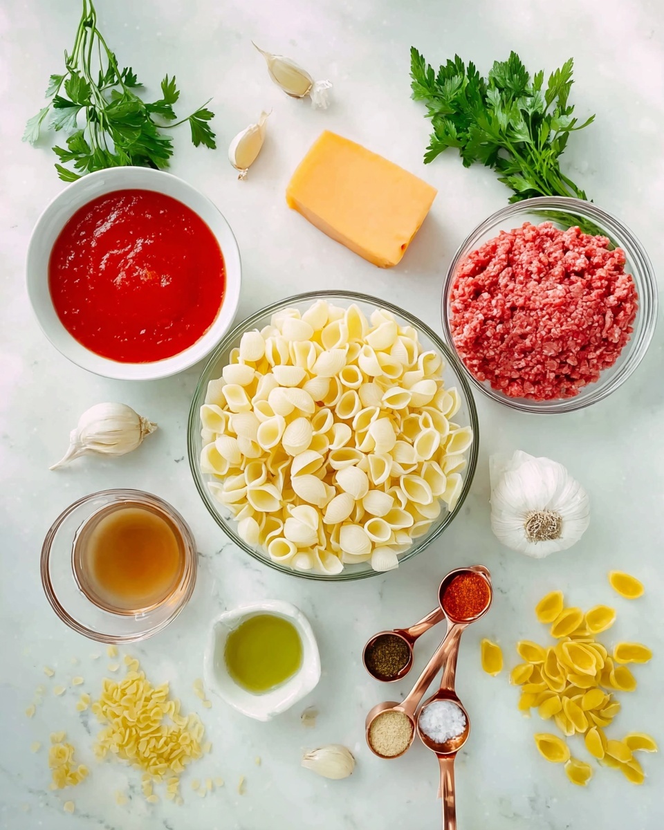 This image shows a large black pan filled with many yellow shell pasta pieces mixed with ground meat and small bits of red tomatoes. The pasta and meat are covered in a brownish-orange sauce that looks creamy and rich. Small green parsley leaves are sprinkled on top, adding a fresh touch. The pan is placed on a wooden board, which sits on a white marbled surface. Photo taken with an iphone --ar 4:5 --v 7