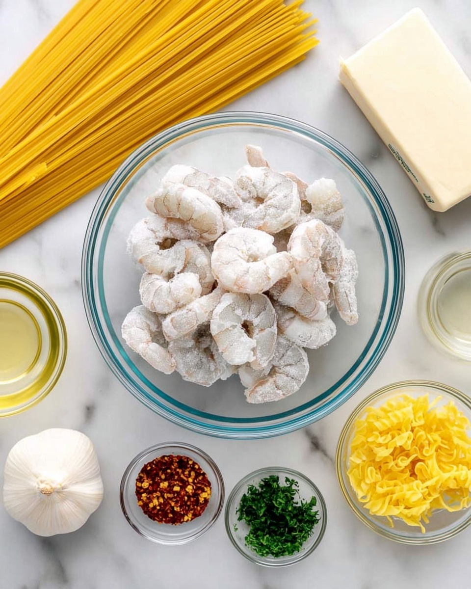 A white plate filled with a serving of spaghetti pasta as the base layer, light yellow in color with a slightly glossy texture, topped with a second layer of cooked shrimp that are orange-pink with white accents and a slightly curved shape placed evenly over the pasta. The dish is sprinkled with small green parsley pieces and some finely ground black pepper, adding texture and color. A lemon wedge is blurred in the white marbled background, partially visible at the top right corner of the image. Photo taken with an iphone --ar 4:5 --v 7