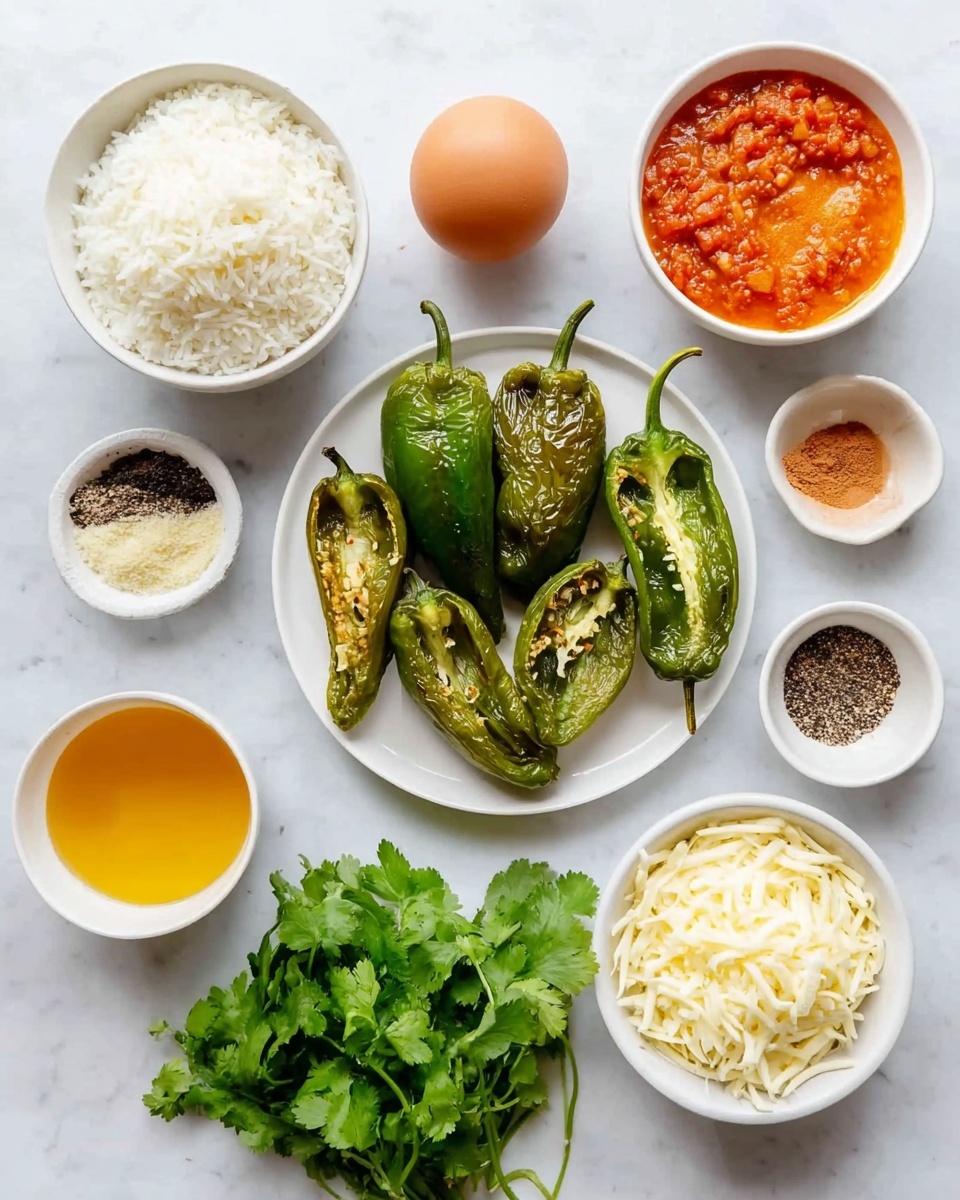 The image shows ingredients neatly arranged on a white marbled surface. There is a white plate with four roasted green peppers, halved and slightly wrinkled with visible seeds. Surrounding the plate are small white bowls containing various items: one bowl is filled with plain white rice, another has a golden-yellow oil, and another holds a reddish-orange chunky sauce with a textured surface. A bowl with tomato pieces in liquid and another with shredded white cheese are also present. There are two small white bowls with black and mixed spices, and a bunch of fresh green cilantro leaves in a white bowl. In the middle sits a whole onion and a single brown egg. The setup is bright, simple, and clean. Photo taken with an iphone --ar 4:5 --v 7