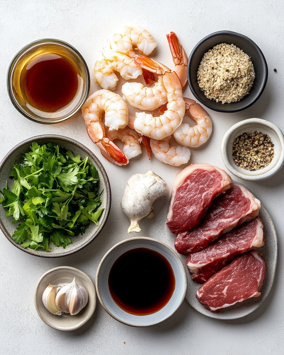 A white plate holds five metal skewers arranged side by side. Three skewers have light pink shrimp with a slight char, garnished with small green herb pieces and minced garlic, showing a moist, slightly shiny texture. Two skewers hold dark brown grilled meat cubes with visible grill marks, sprinkled with green herbs and bits of garlic. The plate is on a white marbled surface with scattered white speckles. photo taken with an iphone --ar 4:5 --v 7