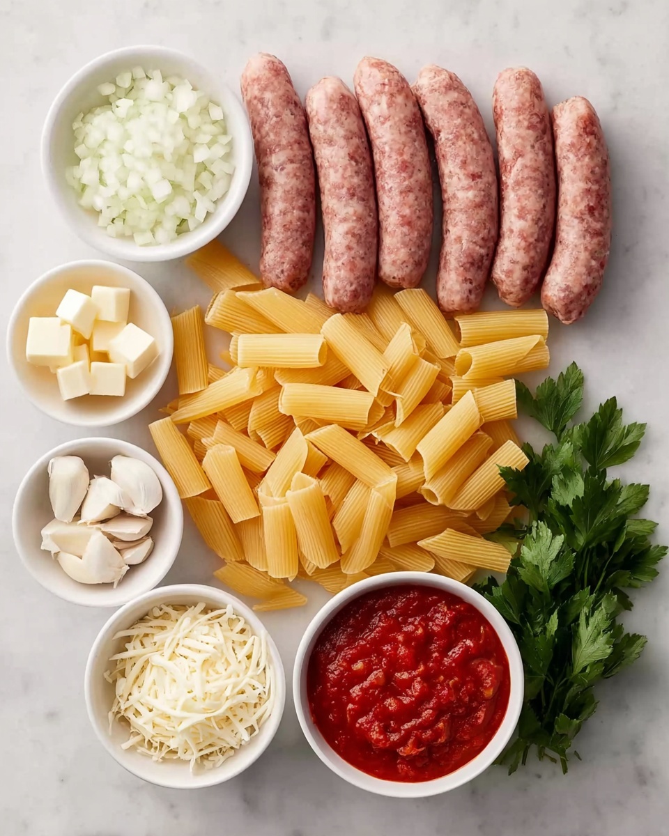 The image shows raw rigatoni pasta in a pile, light yellow in color with a smooth texture and visible ridges, placed at the center on a white marbled surface. Above the pasta, six raw sausages are lined up horizontally, pinkish-brown with a slightly coarse texture. To the top left of the pasta is a small white bowl filled with finely chopped white onions. To the top right are two small white bowls, one holding several whole garlic cloves with a creamy, off-white color, and the other containing cubes of pale yellow butter. Below the pasta to the left is a white bowl with shredded white cheese, and to the right is a white bowl filled with bright red, thick tomato sauce. Fresh green parsley leaves are placed near the bowls on the bottom right side. The overall setup is neat and organized on the white marbled surface. Photo taken with an iphone --ar 4:5 --v 7