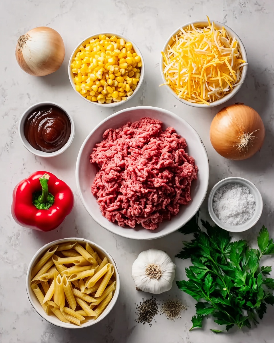 The image shows a white marbled surface with various ingredients neatly arranged in white bowls and placed around fresh vegetables and herbs. In the center, there is a white bowl filled with raw ground meat that is pinkish-red. To the top right, a bowl holds shredded yellow cheese, while directly below it is a small bowl with a dark brown sauce. Next to it on the left is a tiny bowl of ketchup that is deep red. Below the meat is a bowl of uncooked penne pasta that is light golden-yellow. On the left side, a white bowl contains bright yellow corn kernels. Near the top left corner, there is a whole golden-brown onion and a bulb of white garlic. Another bulb of garlic is located near the bottom left of the image. Between the onion and corn, there is a red bell pepper. Two small bowls of salt and pepper sit near the center right, and fresh green parsley is arranged at the far right side. The overall look is clean and organized with natural lighting highlighting the colors and textures of the ingredients. photo taken with an iphone --ar 4:5 --v 7
