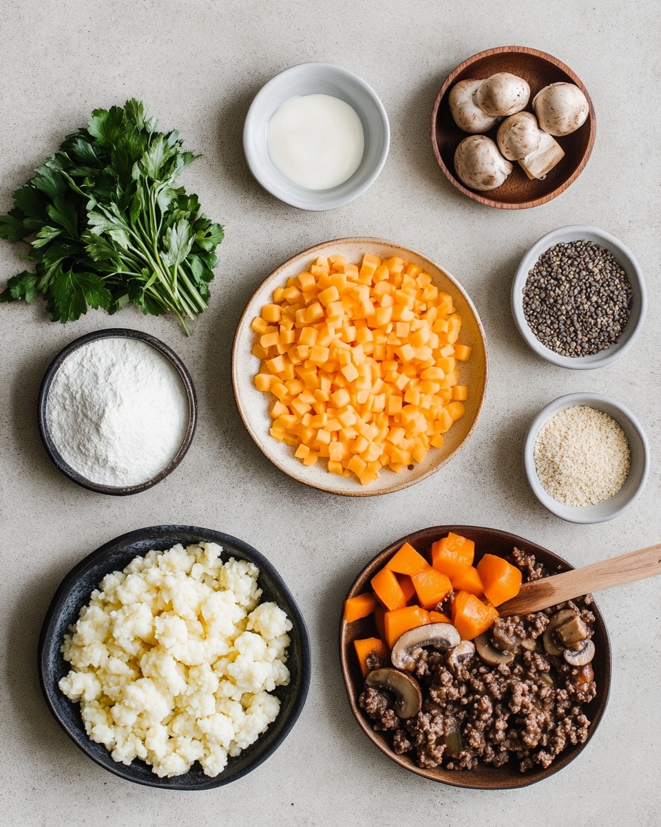 A white plate with a tan rim holds a dish made of multiple layers. The bottom layer is a mix of dark green lentils, ground meat in small brown chunks, bright orange carrot cubes, yellow corn, and green peas, all mixed together. On top, there are six golden-brown, round, baked pieces that look crispy with melted orange cheese on them. Small green herb pieces are sprinkled over the dish. A silver fork with a wooden handle rests on the right side of the plate. The plate sits on a white marbled surface with a gray and white striped cloth nearby. Photo taken with an iphone --ar 4:5 --v 7