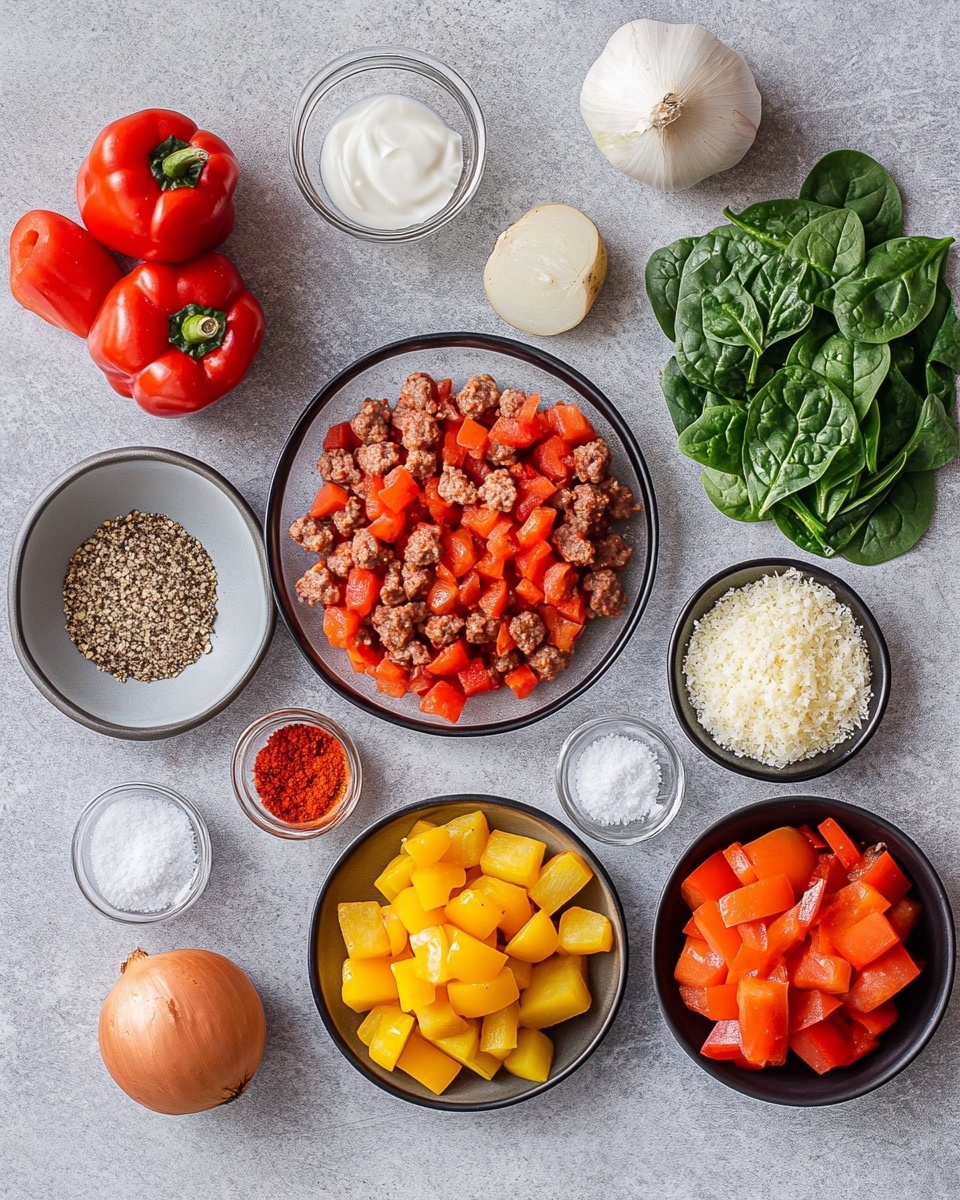 The dish shows one main layer of cooked gnocchi in a light orange creamy sauce mixed with cooked brown ground meat and fresh green spinach leaves, all inside a white bowl. There are small pieces of yellow bell pepper scattered throughout, adding spots of bright color. The sauce looks smooth and slightly thick, coating the ingredients well. The spinach leaves appear soft but still hold their shape, and the gnocchi pieces are plump and shiny. The white bowl rests on a white marbled surface, creating a clean and bright look. Photo taken with an iphone --ar 4:5 --v 7