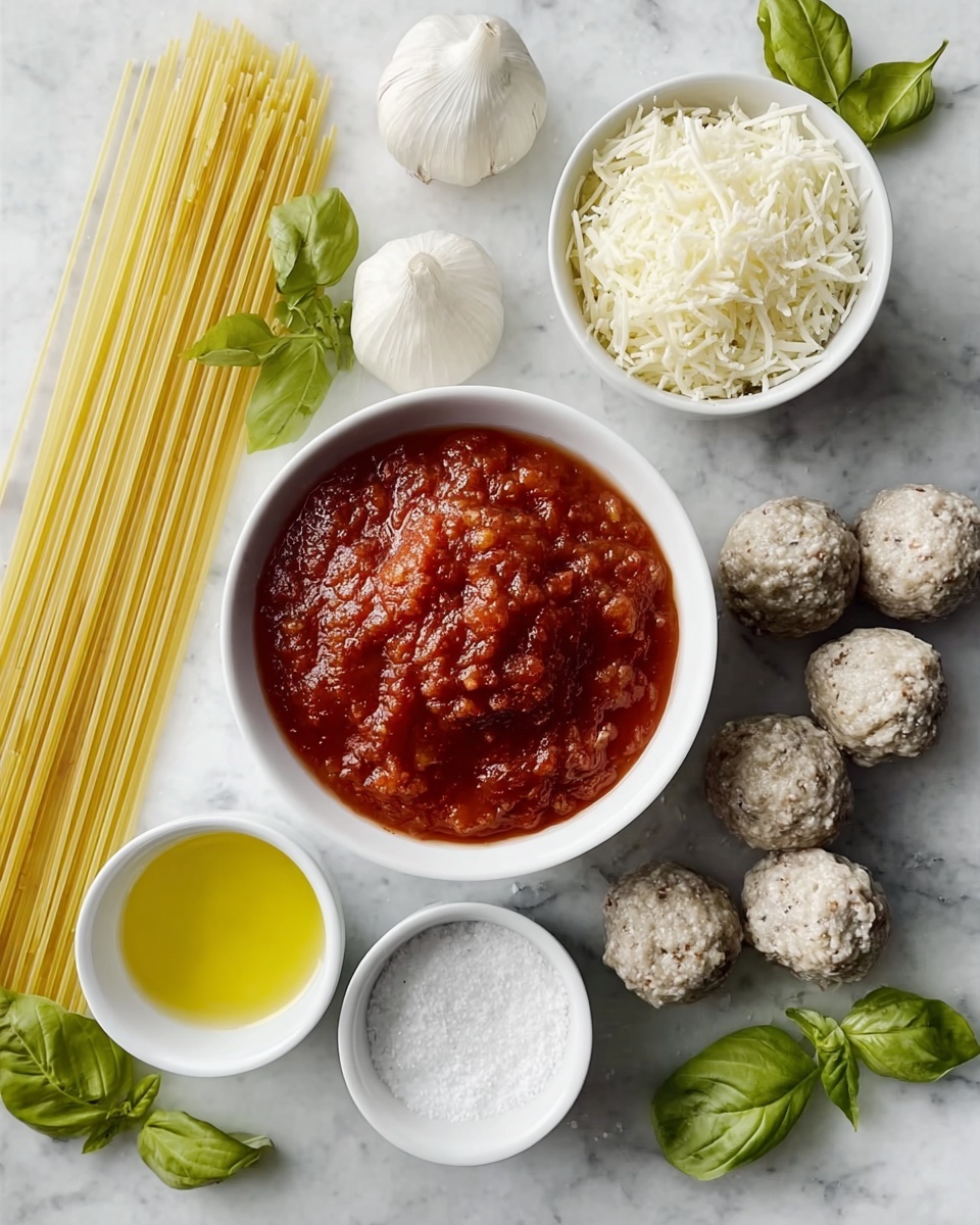 The image shows ingredients for a pasta meal arranged on a white marbled surface. There is one white bowl filled with thick red tomato sauce with a chunky texture placed near the center. Surrounding it, there is uncooked yellow spaghetti on the left, six light grey meatballs on the right, and a bulb of white garlic beside them. Above the sauce, there is a white bowl full of shredded white cheese beside another small white bowl containing coarse white salt. Next to the salt, there is a small bowl of light yellow oil. Fresh green basil leaves are scattered around the items. Photo taken with an iphone --ar 4:5 --v 7