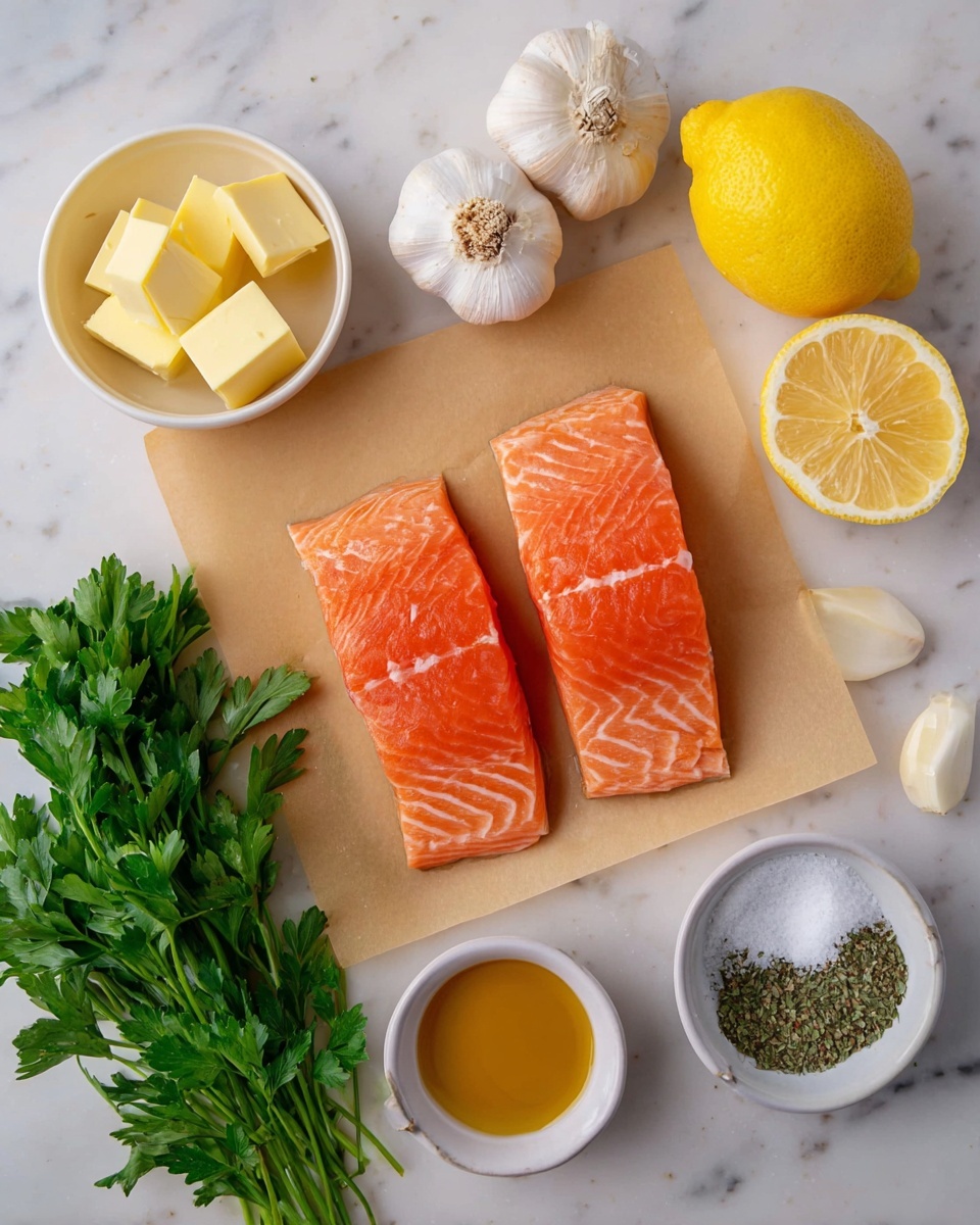 The image shows two raw salmon fillets with bright pink and orange colors placed on a light brown paper sheet in the center. Around the salmon, there are several ingredients: to the left, a small white bowl with yellow butter cubes and a tiny white bowl with olive oil; above, two whole white garlic bulbs and half of a lemon with a yellow inside. To the right, a small white dish with salt and pepper, a white bowl with amber honey, and a bunch of green parsley leaves. All items are arranged on a white marbled surface. photo taken with an iphone --ar 4:5 --v 7