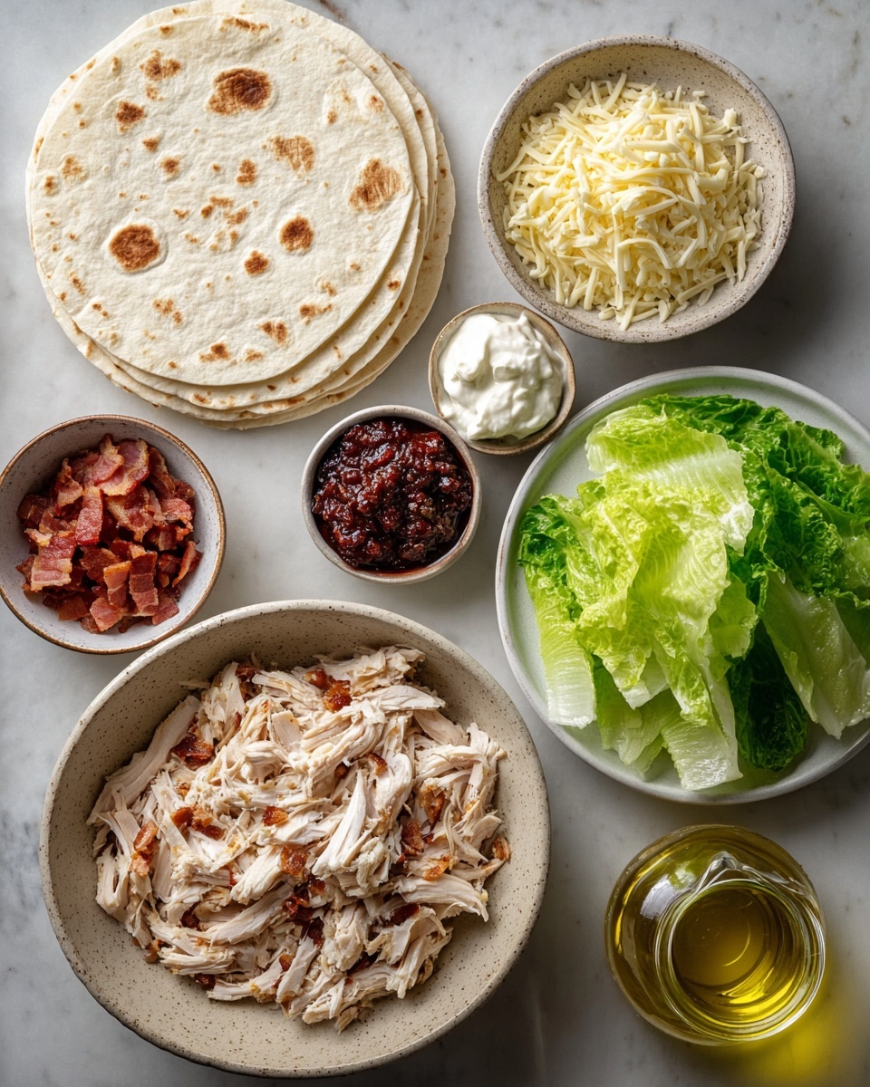 The image shows ingredients for a chicken wrap laid out on a white marbled surface. There is a stack of light beige tortillas with brown spots on the top left. Below the tortillas, shredded cooked chicken with a mix of light brown and white colors fills a speckled beige bowl. To the right of the chicken, there are small bowls with finely chopped dark red-brown bacon, white sour cream, dark red-brown sauce with a chunky texture, and two bowls of shredded pale yellow cheese. On the top right, a white plate holds fresh green lettuce leaves layered with light and dark green shades. At the bottom right, a glass jar with golden-yellow olive oil is placed. Everything is arranged neatly, showing different textures and colors for each ingredient. photo taken with an iphone --ar 4:5 --v 7