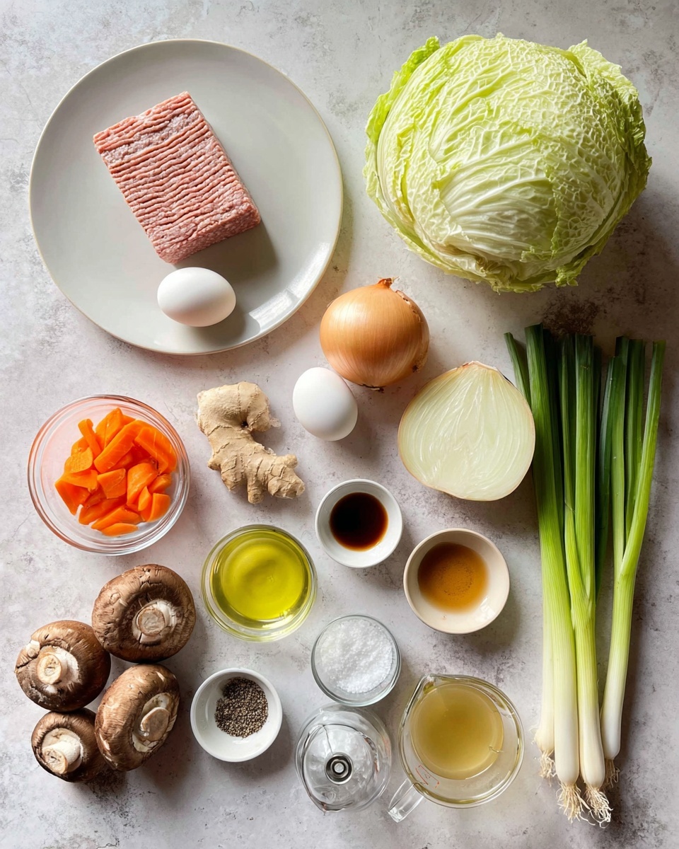 The image shows an assortment of raw ingredients neatly arranged on a white marbled surface. On the top left, there is a white plate holding a square block of raw ground meat with visible ridges. Next to it is a whole pale green cabbage. Below the cabbage, two white eggs sit close together. To the left, a small clear bowl holds sliced orange carrots with a ridged texture. In the middle, there is a large round half of a light brown onion, alongside a few cloves of white garlic and a small piece of ginger root. A small white bowl with light yellow olive oil and a small clear bowl with a dark brown liquid are placed nearby. Below, a small clear bowl with a light amber liquid is present, while a tiny white plate contains coarse white salt and black pepper. On the bottom left, a bunch of brown mushrooms are gathered close together. To the right, there are several long, green spring onions lying flat. Near the top right, a clear measuring cup contains a pale yellow liquid. The photo taken with an iphone --ar 4:5 --v 7