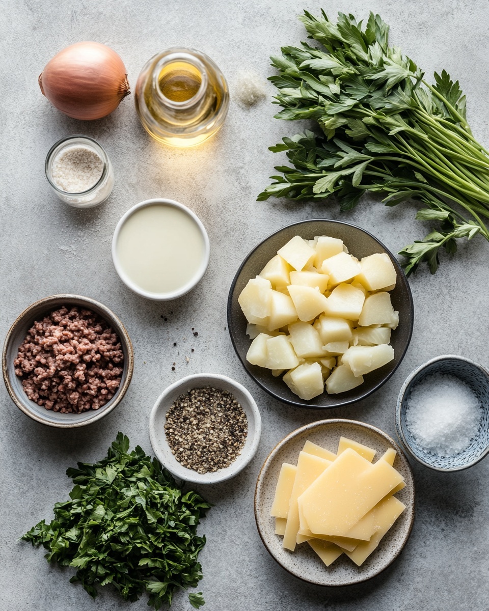 A close-up view of a layered dish on a white plate set on a white marbled surface, featuring a bottom layer of browned ground meat with a crumbly texture, topped with a layer of thinly sliced, soft yellow potatoes arranged overlapping near the edges; above the potatoes is a thick, melted layer of golden yellow and white cheese with a slightly browned top, scattered with small green parsley pieces adding a fresh touch. photo taken with an iphone --ar 4:5 --v 7