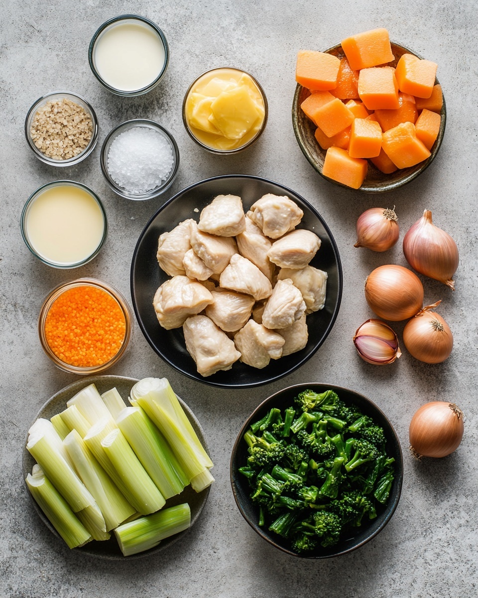 A close-up view of a white bowl filled with creamy pasta made of twisted noodles mixed with small pieces of pale chicken, bright orange carrot slices, green peas, and yellow corn kernels, all coated in a smooth, light beige sauce sprinkled with finely chopped green herbs. In the background, a black pan with more of the same pasta is slightly out of focus, sitting on a white marbled surface. The photo taken with an iphone --ar 4:5 --v 7