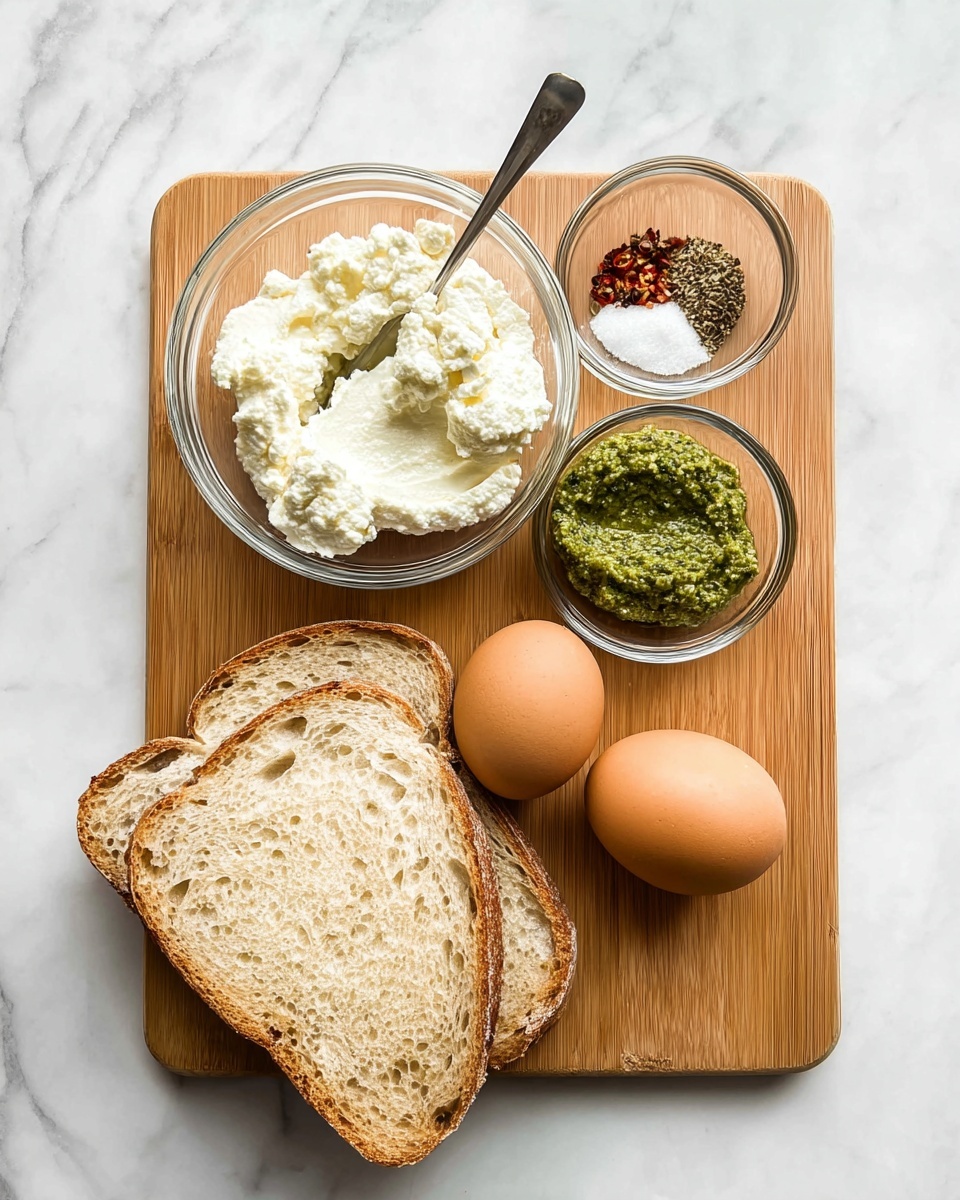 A wooden board on a white marbled surface holds all the ingredients neatly arranged: a large slice of light brown rustic bread with a soft texture sits at the bottom left; above it, a clear glass bowl filled with soft white ricotta cheese with a silver spoon inside; to the right of the ricotta, a small clear glass bowl with green pesto paste that has a slightly chunky texture; above the pesto bowl, another small clear glass bowl containing coarse sea salt, black pepper, and red chili flakes; and finally, two whole brown eggs placed side by side between the pesto bowl and the bread slice. photo taken with an iphone --ar 4:5 --v 7