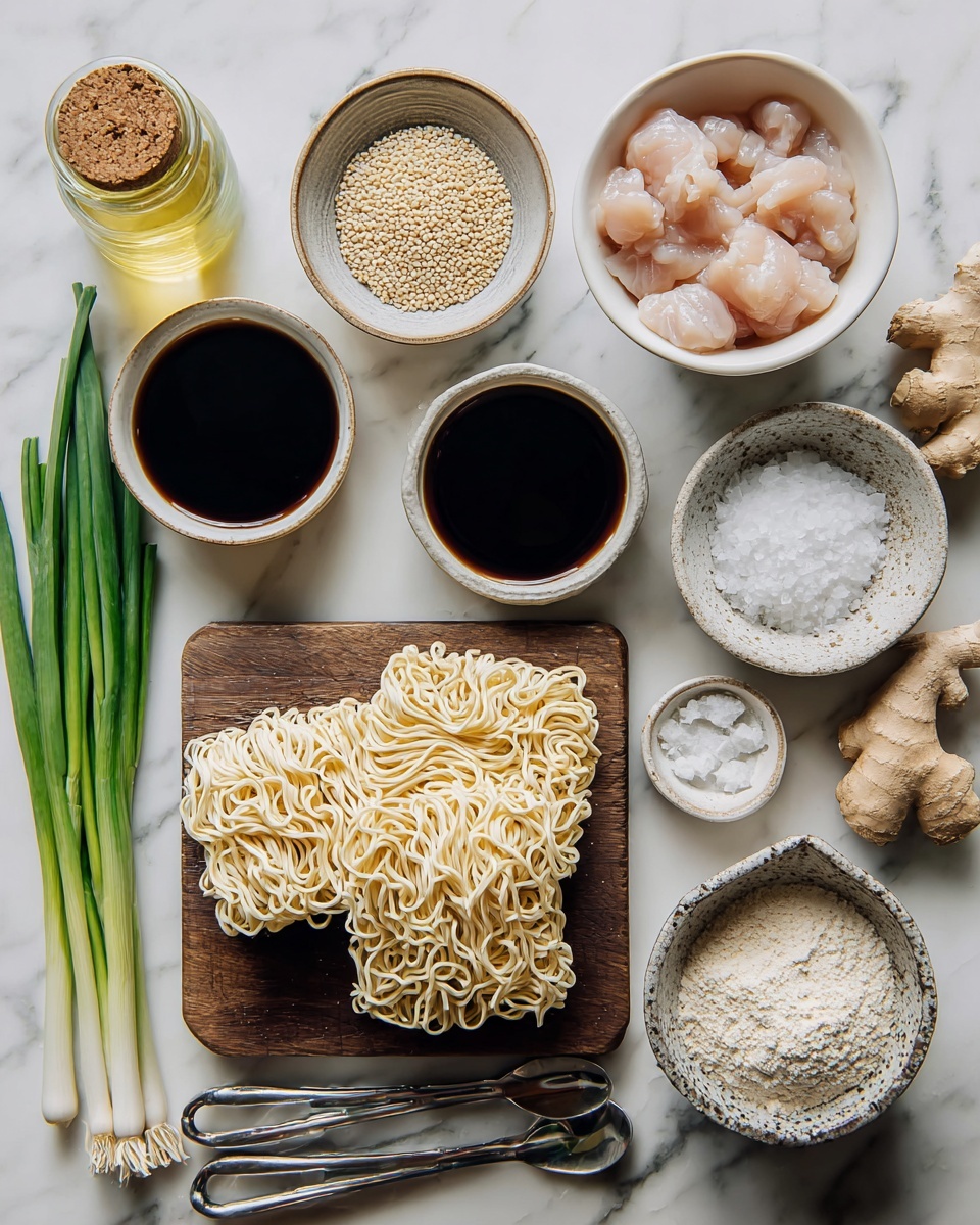A top-down view of various raw ingredients neatly arranged on a white marbled surface: at center bottom, two blocks of pale yellow uncooked ramen noodles rest on a small wooden board; to the left, three fresh green onions lie diagonally, next to a white bowl filled with small beige sesame seeds; above that, a white bowl contains light pink raw chicken pieces. At top left, a small glass jar with a cork lid holds light yellow oil, next to a small glass bowl filled with very dark soy sauce. To the right of the soy sauce, there is a white bowl with large white salt flakes. Below that, a small grey-speckled bowl with dark brown liquid sits near a bowl of light beige flour. On the far right, a beige and slightly wrinkled fresh ginger piece lies beside a textured bowl with small white sesame seeds. Three metallic measuring spoons lie near the green onions photo taken with an iphone --ar 4:5 --v 7
