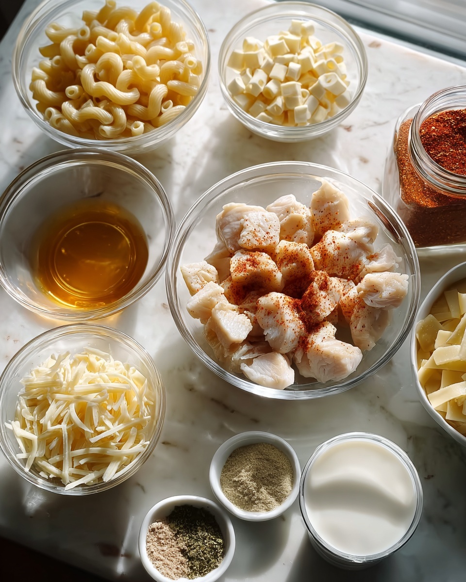 Several clear glass and white bowls are arranged on a white marbled surface. The center bowl holds pale chunks of cooked chicken sprinkled with a reddish seasoning. Surrounding it are various bowls: one with light yellow cooked macaroni, one with small white cheese cubes, one with finely shredded pale cheese, one with a golden amber liquid, another with thin yellow cheese strips, and a small white bowl containing four different powdered spices in shades of off-white, green, and light brown. Additionally, there is a small white bowl filled with white milk and a jar with red spice flakes. The natural light comes from the left side, highlighting the ingredients clearly. Photo taken with an iphone --ar 4:5 --v 7