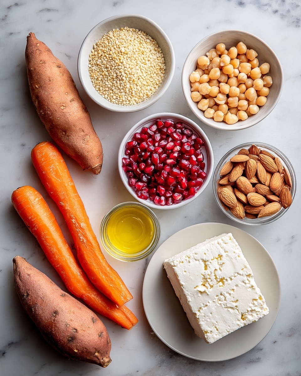 The image shows ingredients arranged on a white marbled surface. There are five bright orange carrots and one sweet potato on the left side. Near them, there are a few sliced almonds and whole almonds scattered. On the top row, from left to right, there is a white bowl filled with light yellow grains, a white bowl filled with chickpeas, and a smaller white bowl with shiny red pomegranate seeds. Below the pomegranate, there is a small glass container with yellow oil. Next to it, there is a smaller white bowl with whole almonds. On the bottom right, a white plate holds a thick, square block of white cheese with a crumbly texture. photo taken with an iphone --ar 4:5 --v 7