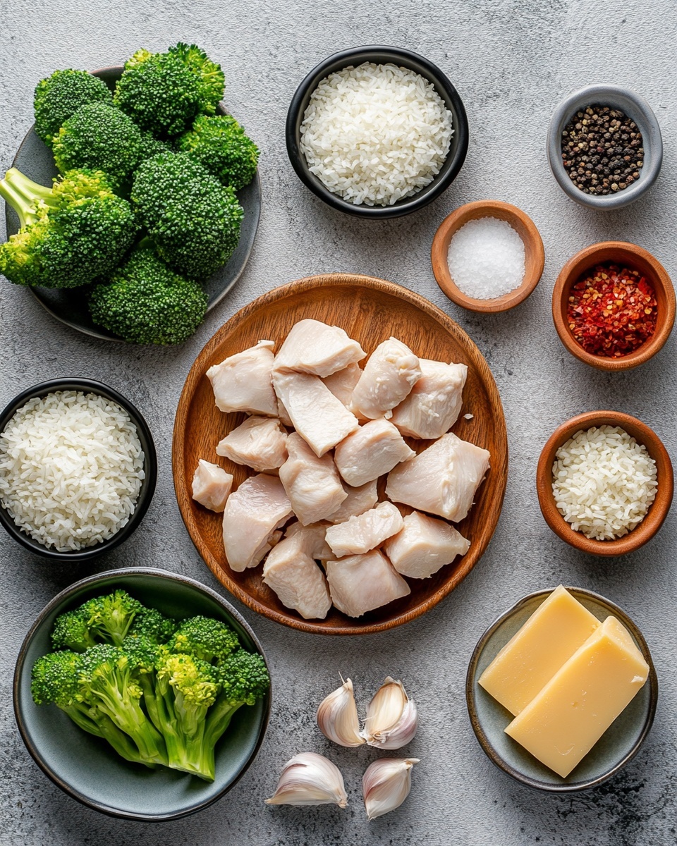 The image shows a black pan filled with a mix of food layers. The bottom layer is light brown cooked rice with a slightly oily texture. Scattered throughout the rice are bright green broccoli pieces, adding a fresh and crunchy look. Chunky pieces of lightly browned white chicken are spread all over the dish, some with a slight crisp on the edges. The food looks well mixed but clearly shows separate textures of rice, broccoli, and chicken. The pan sits on a wooden surface with a blue and white striped cloth partially visible on one side. Photo taken with an iphone --ar 4:5 --v 7