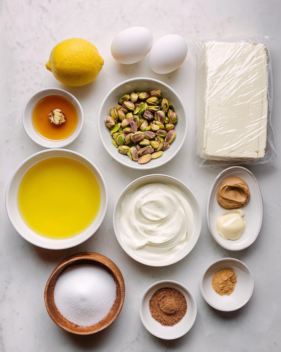 A collection of ingredients arranged neatly on a white marbled surface, including a large white bowl filled with bright golden melted butter at the bottom left, next to half a lemon with a yellow peel. Above them, there are two white eggs placed side by side. To the right, two white bowls hold greenish-brown pistachios and creamy white yogurt with smooth textures. A block of white dough wrapped partly in transparent plastic lies vertically on the right side. Small white bowls contain brown powdered spice, white salt, golden honey, and a darker creamy paste. A small round wooden bowl filled with coarse white sugar is at the bottom center. Photo taken with an iphone --ar 4:5 --v 7