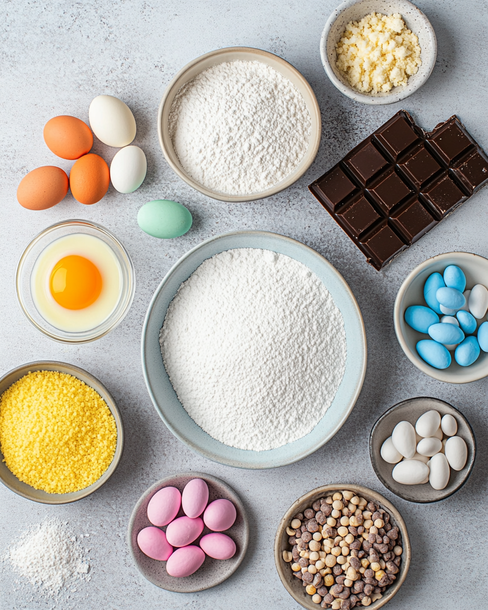 The image shows several square pieces of blue-green fudge arranged closely together on a white marbled surface, with one piece slightly separated in the middle. Each piece has a smooth and creamy blue-green top layer decorated with crushed small candy eggs in pastel colors like yellow, pink, blue, and white, revealing a brown chocolate interior inside the candy shells. The texture of the candy pieces is rough and broken, scattered unevenly over the glossy fudge surface, creating a colorful and festive look. Photo taken with an iphone --ar 4:5 --v 7