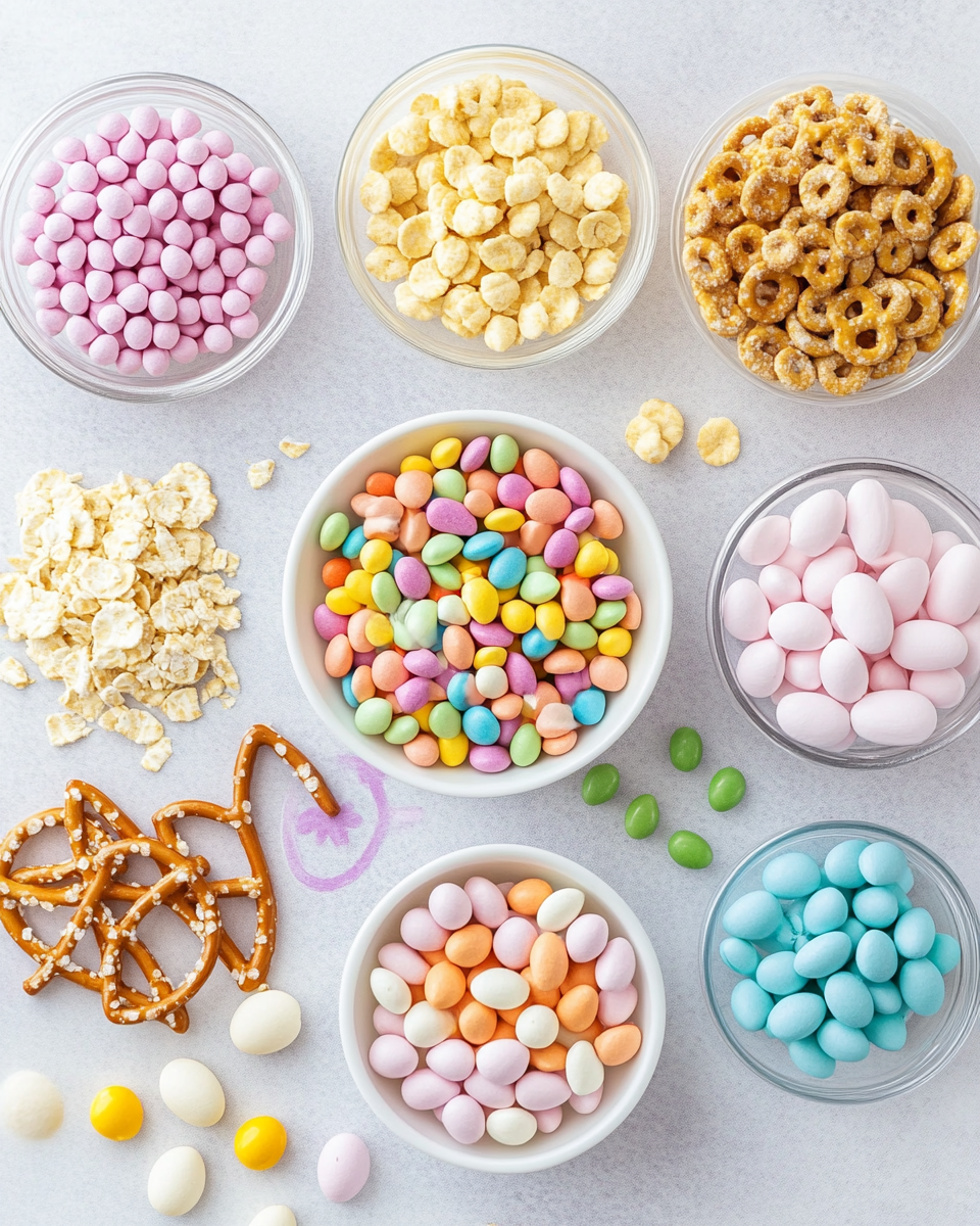 A clear glass bowl filled with a colorful mix of treats sits on a white marbled surface. The bottom layer consists of small, round cereal pieces with a light brown color and a slightly rough texture. Scattered throughout are light brown animal-shaped cookies with a crumbly look. On top, there are many smooth, shiny candy eggs in bright colors like blue, yellow, green, purple, and pink, some with speckled patterns. Small cone-shaped candies with pastel green, white, and pink colors are also mixed in. White pretzels coated in a smooth layer of white candy with green and pink stripes add a crunchy contrast, creating a visually playful and festive mix. photo taken with an iphone --ar 4:5 --v 7