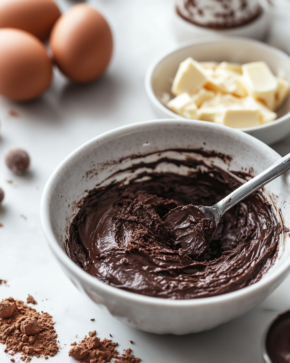 A round cake with two visible layers covered in smooth, dark brown chocolate frosting sits on a white plate. On top, there is a decorative layer made of small, colorful candy eggs in pastel shades of pink, yellow, purple, and white, along with several halved chocolate eggs filled with white and orange cream arranged on top. The cake is set on a white marbled surface scattered with whole candy eggs and opened chocolate egg wrappers in purple and yellow colors. photo taken with an iphone --ar 4:5 --v 7