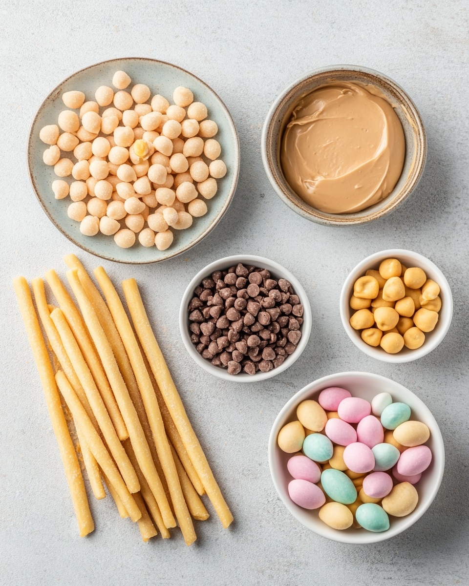 The image shows several small clusters of golden brown snack sticks coated in a shiny caramel-like layer, arranged on a crinkled light brown parchment paper. Each cluster is topped with three colorful candy-coated eggs in pastel blue, green, yellow, or purple, placed centrally on the top layer of the stick mix. The texture of the sticks is crunchy and uneven, piled casually, with some sticks sticking out more than others. The clusters are placed with space around them, showing the parchment texture clearly in the gaps. Photo taken with an iphone --ar 4:5 --v 7