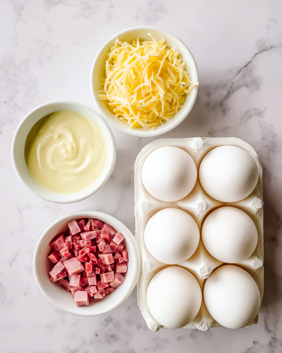 The image shows six white eggs in a white egg carton placed on a white marbled surface. There are three small white bowls arranged near the eggs: one bowl with shredded yellow and white cheese, one bowl filled with a creamy pale yellow sauce, and the third bowl containing small pink cubes that look like diced meat. The bowls and egg carton are neatly spaced, all on the white marbled texture background. Photo taken with an iphone --ar 4:5 --v 7