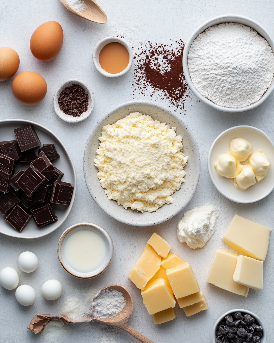 A soft light tan cupcake sits in a pink paper liner as the base layer, topped with a thick swirl of smooth white frosting. On top of the frosting is a small nest made of thin, dark brown chocolate shavings, holding three colorful candy eggs in pastel yellow, light purple with specks, and pale blue. The cupcake rests on a white marbled surface scattered with similar pastel candy eggs and light pink ribbon strands. Other cupcakes with similar decoration appear blurred in the background. photo taken with an iphone --ar 4:5 --v 7