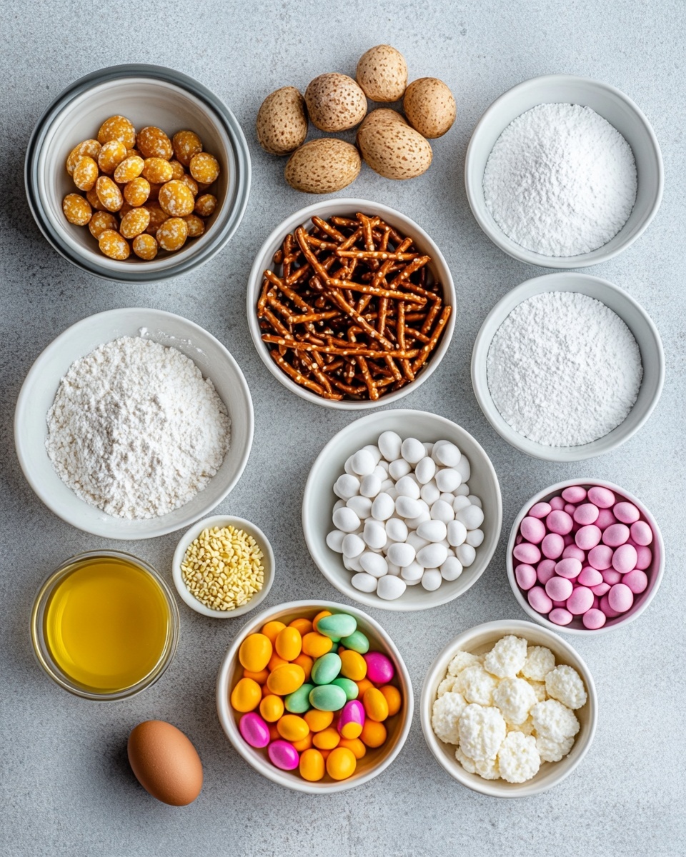 A clear glass bowl filled with a mix of light brown cereal pieces and small pretzels, all coated in white powder. Scattered throughout the mixture are colorful candy-coated chocolates in red, yellow, green, purple, blue, and orange. The bowl sits on a white marbled surface, and the top-down view clearly shows the textured cereal and shiny candies mixed together. Photo taken with an iphone --ar 4:5 --v 7