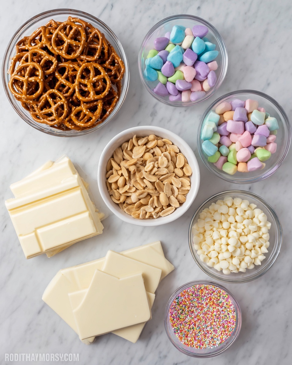 The image shows six small bowls and plates arranged on a white marbled surface, each filled with different snack ingredients. In the top left, there is a clear glass bowl full of salted pretzels that are golden brown and shiny. To the right, a similar clear bowl holds pastel-colored chocolate candy pieces in pink, purple, blue, green, and yellow. Below the pretzels is a white bowl filled with light brown salted peanuts. In the center left, there are several pieces of white chocolate bars stacked with a smooth, creamy texture, and to their right, two square sheets of white chocolate. Below the white chocolate squares, a glass bowl contains many small white chocolate chips. At the bottom right, a tiny clear bowl is packed with tiny round rainbow sprinkles in soft pastel colors. photo taken with an iphone --ar 4:5 --v 7