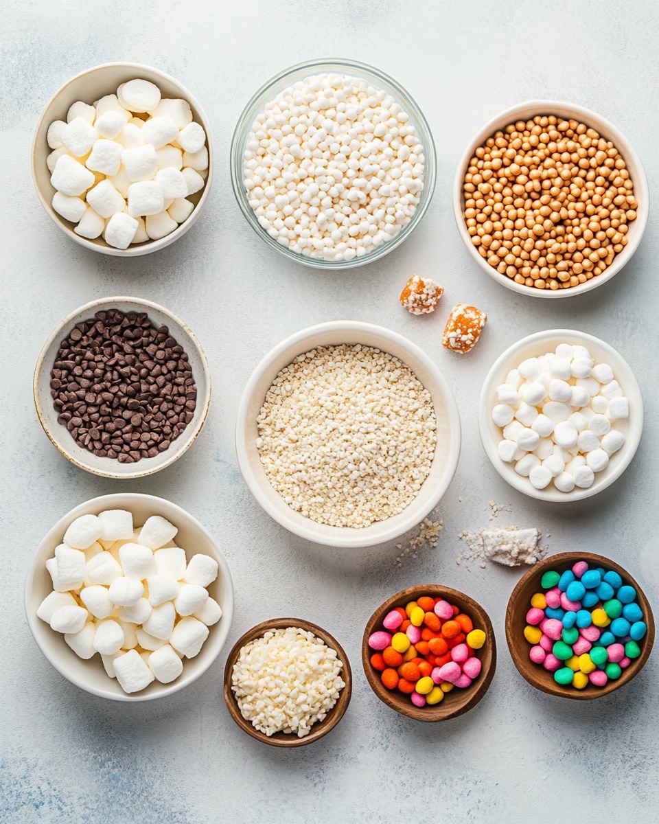 The image shows a close-up of many colorful, round puffed rice treats piled together. The treats have a bumpy texture made of puffed rice tightly packed in egg-shaped forms. The colors are bright and vivid, including yellow, green, pink, purple, and blue. These treats rest on a white plate with a white marbled surface in the background. The image focuses on the neat clustering of these colorful balls, highlighting their shiny, smooth, and sticky look. photo taken with an iphone --ar 4:5 --v 7