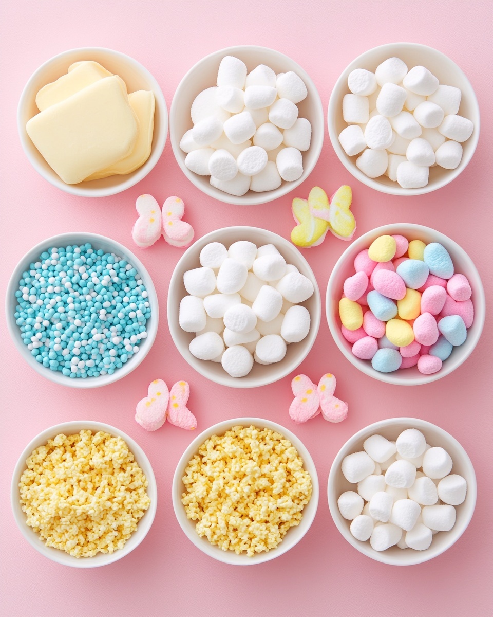 The image shows several square shaped treats made of crispy rice cereal, covered with colorful sprinkles mixed into the cereal. Each square has a soft marshmallow bunny on top, with different colors including blue, yellow, and pink. The marshmallow bunnies have small dark eyes and mouth details. The treats are placed on a sheet of parchment paper that rests on a wooden tray, all set against a white marbled surface with a glimpse of a pink cloth nearby. The texture looks soft and crunchy with bright colors scattered through the cereal base. Photo taken with an iphone --ar 4:5 --v 7