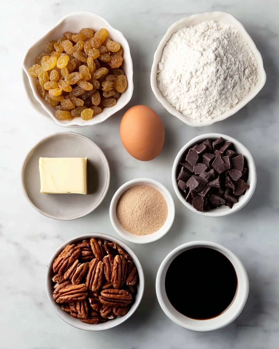The image shows nine white bowls and dishes arranged on a white marbled surface. At the top left is a bowl filled with light golden raisins, next to it on the right is a bowl full of white flour. Below the raisins is a small dish with a square piece of pale yellow butter. In the center is a small white dish holding one brown egg, with another brown egg resting next to it on the right. Below the butter is a bowl of light brown powdered spice, and next to it on the right is a bowl of white granulated sugar. To the right of the sugar bowl is a small white bowl filled with dark liquid, likely vanilla extract. At the bottom left, there is a bowl packed with brown pecans, and next to it on the right, a bowl filled with dark brown chocolate chips. Photo taken with an iphone --ar 4:5 --v 7