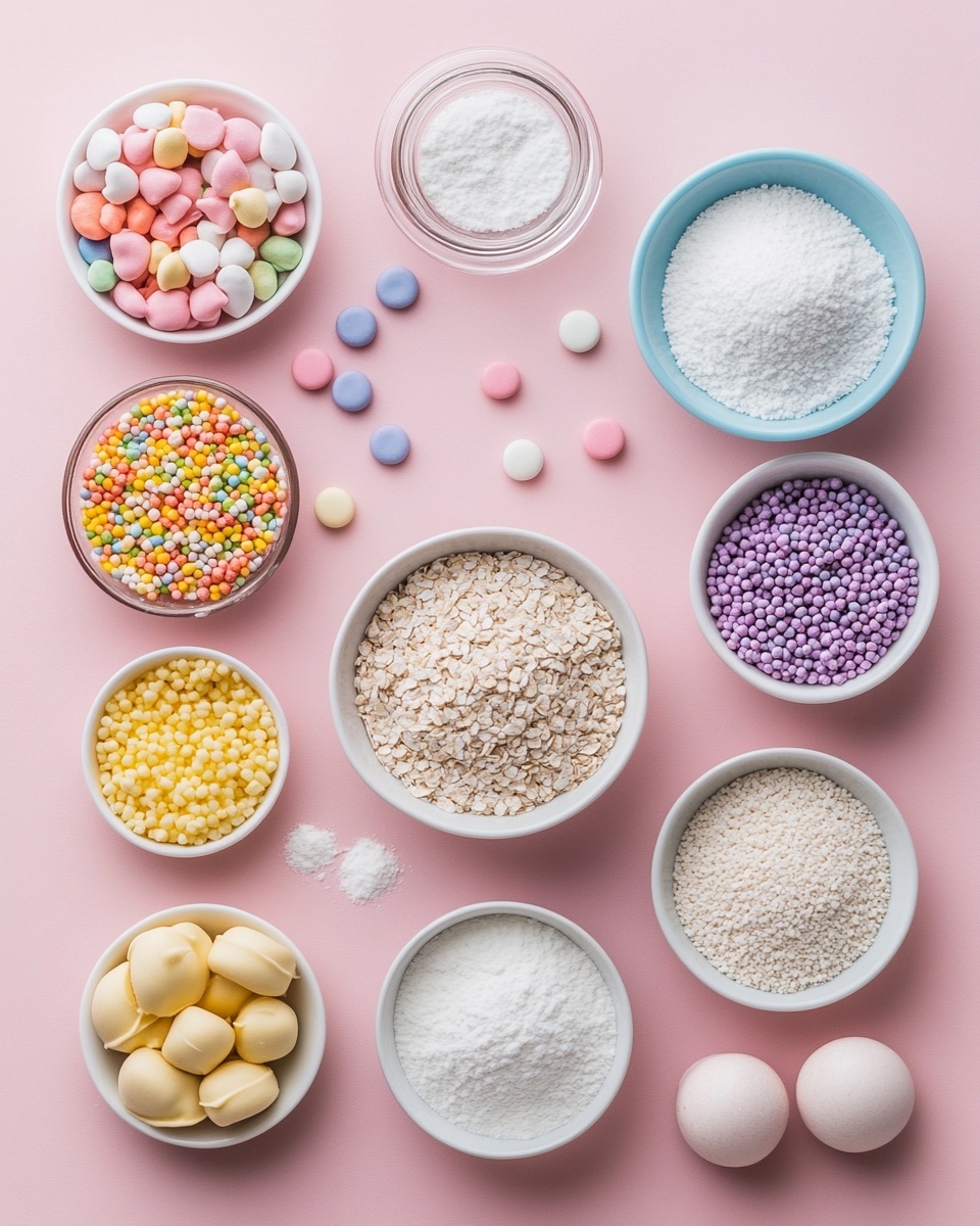 A wooden tray shaped like an egg has three sections filled with colorful snack pieces: the top section holds purple clustered pieces, the middle section holds pink clustered pieces, and the bottom section holds blue clustered pieces, all with a powdery texture. Around the tray, on a white marbled surface, are white bowls filled with pastel-colored candy discs in blue, purple, and pink. There are also pastel-colored speckled eggs in a white nest and scattered around, in shades of yellow, pink, blue, and green. A pink mesh cloth is spread partly under the tray, with more candy discs and speckled eggs nearby. photo taken with an iphone --ar 4:5 --v 7