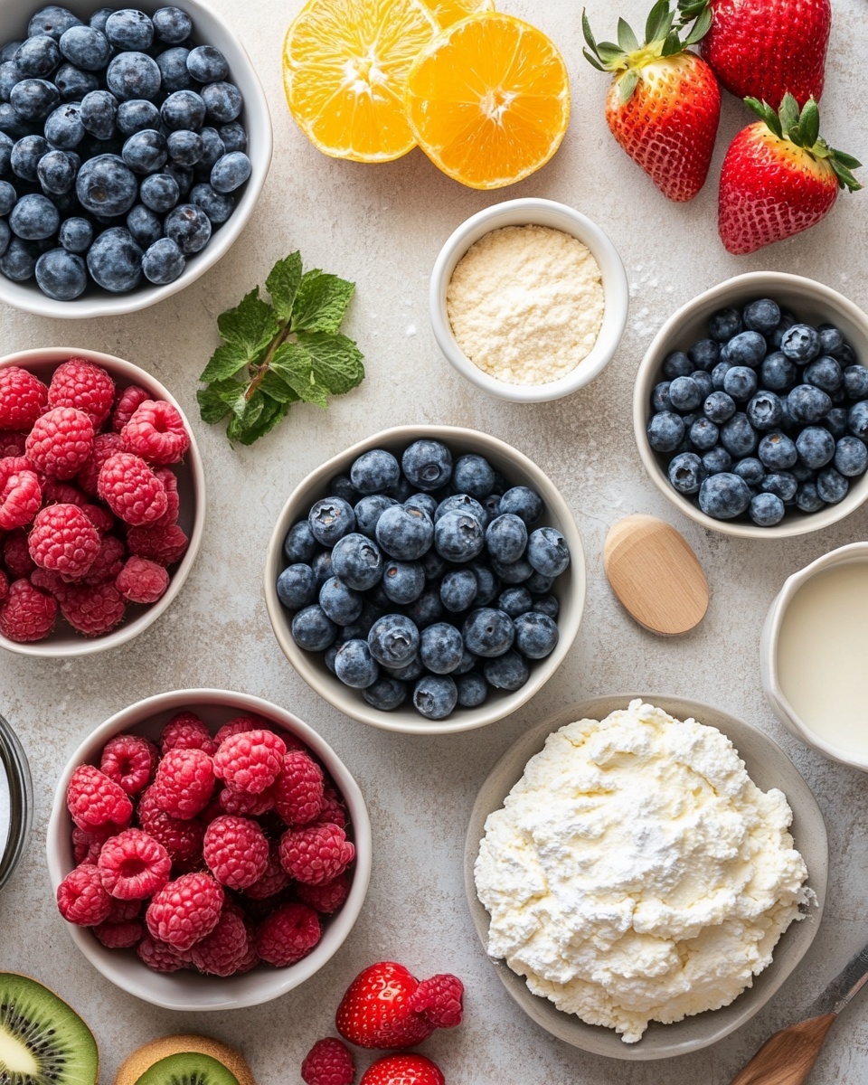 The image shows a small, oval-shaped cookie topped with a layer of white cream spread evenly on top. On the cream layer, there are colorful slices of fruit arranged in neat rows: green kiwi slices on each side, bright red strawberry slices just inside the kiwi, orange mandarin segments in the middle, and small dark blue blueberries filling the spaces between fruits. The cookie sits on a white plate with a woven texture, placed on a surface with a white marbled texture. In the background, more fruit-topped cookies on a wooden board are slightly out of focus, along with scattered blueberries and a raspberry nearby. Photo taken with an iphone --ar 4:5 --v 7