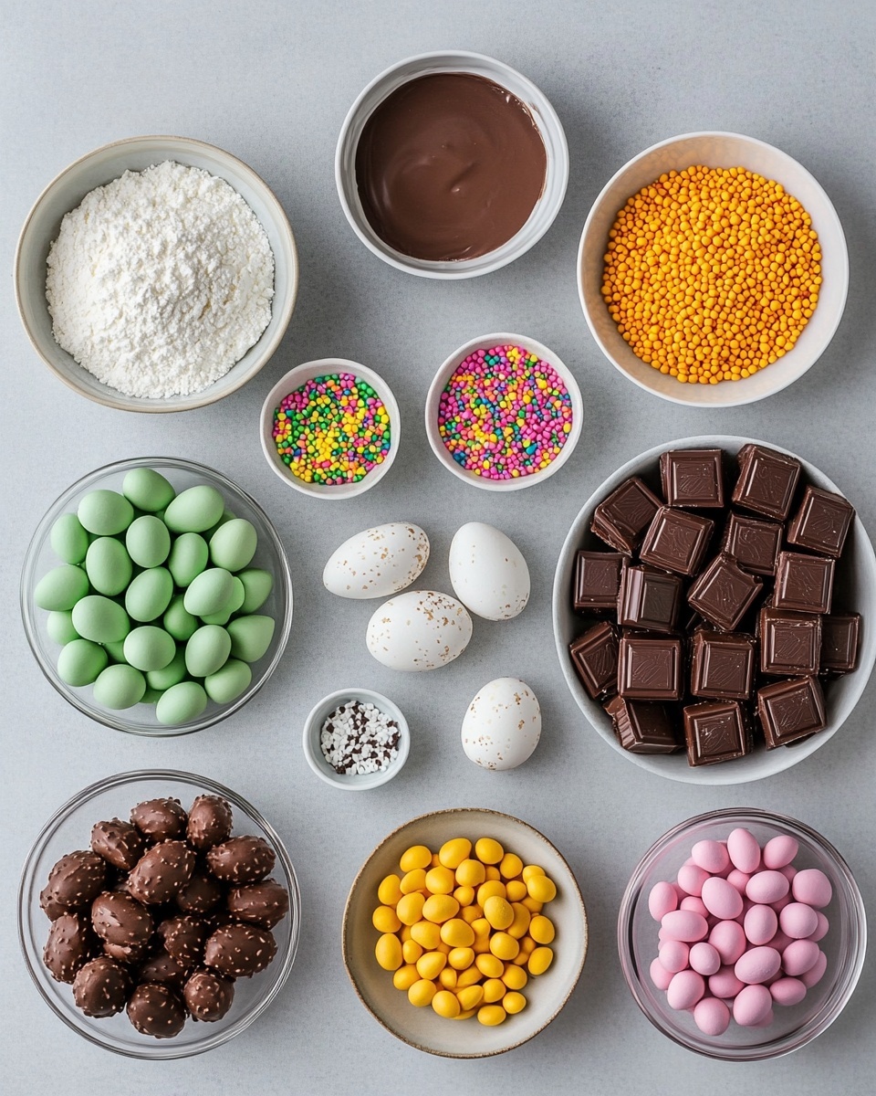 The image shows a white plate with several small cupcakes that each have two layers. The bottom layer is a golden-brown cupcake base, smooth and firm. The top layer is bright green icing with a texture like grass made from green sprinkles mixed with multi-colored small flower and butterfly-shaped sprinkles. On top of each cupcake, there are two or three small, oval-shaped candy eggs in pastel colors like yellow, blue, white, and light brown, arranged to look like a bird’s nest. The plate sits on a white marbled surface with blurred pink flowers in the background. Photo taken with an iphone --ar 4:5 --v 7