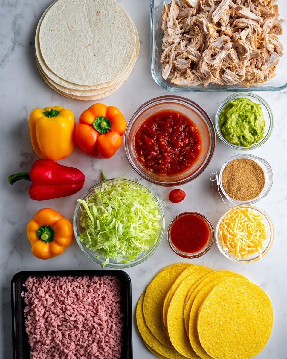This image shows a round black serving board with four folded light beige flour tortillas placed at the top left. Below them is a white bowl filled with brown seasoned ground meat mixed with small yellow and orange pieces. To the right of the bowl is a pile of shredded light green lettuce. Next to the lettuce is another small white bowl holding bright red chopped tomatoes. At the bottom left side of the board, there is a curved stack of yellow corn taco shells. A few whole yellow and red chili peppers are scattered around the board, placed on a white marbled surface. In the very bottom corner, some white sour cream is partly visible. photo taken with an iphone --ar 4:5 --v 7