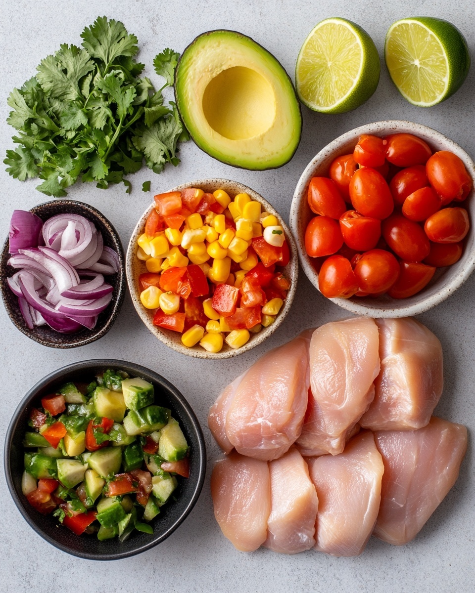 This dish shows two pieces of cooked chicken on a white plate, with a dark, crispy spice layer on the top. On top of the chicken is a colorful salsa made of green avocado cubes, red cherry tomato halves, chopped purple onions, and green herbs mixed in a light sauce that spreads slightly across the plate. The plate is set on a white marbled surface. photo taken with an iphone --ar 4:5 --v 7