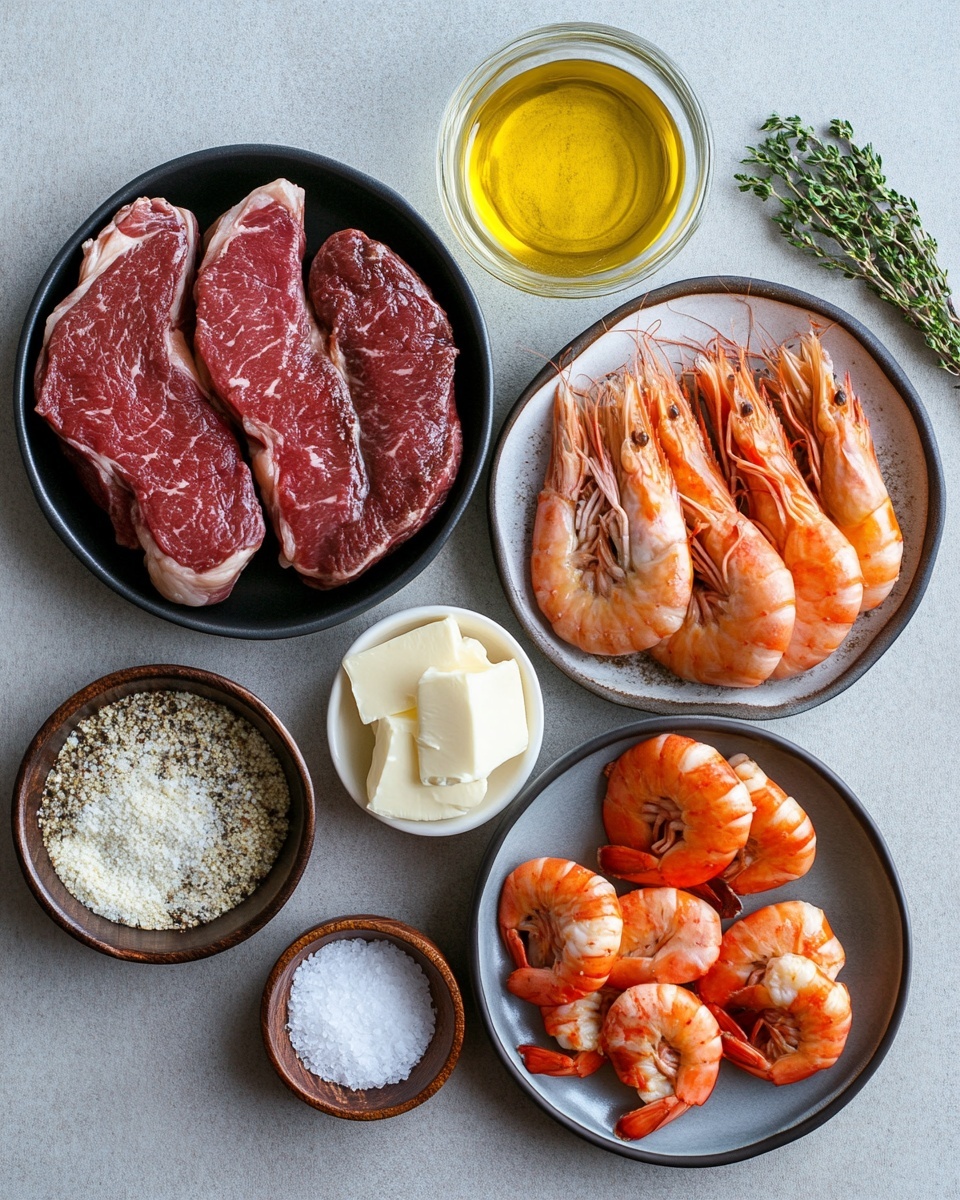 A white plate holds a thick, dark brown grilled steak at the center, covered in a creamy light orange sauce that pools around the base. On top of the steak, there is a layer of small, creamy light orange pieces mixed with finely chopped green herbs. Two large, bright orange grilled shrimp with a slightly shiny texture sit on top, also garnished with small green herb leaves. The background shows a subtle white marbled texture. Photo taken with an iphone --ar 4:5 --v 7