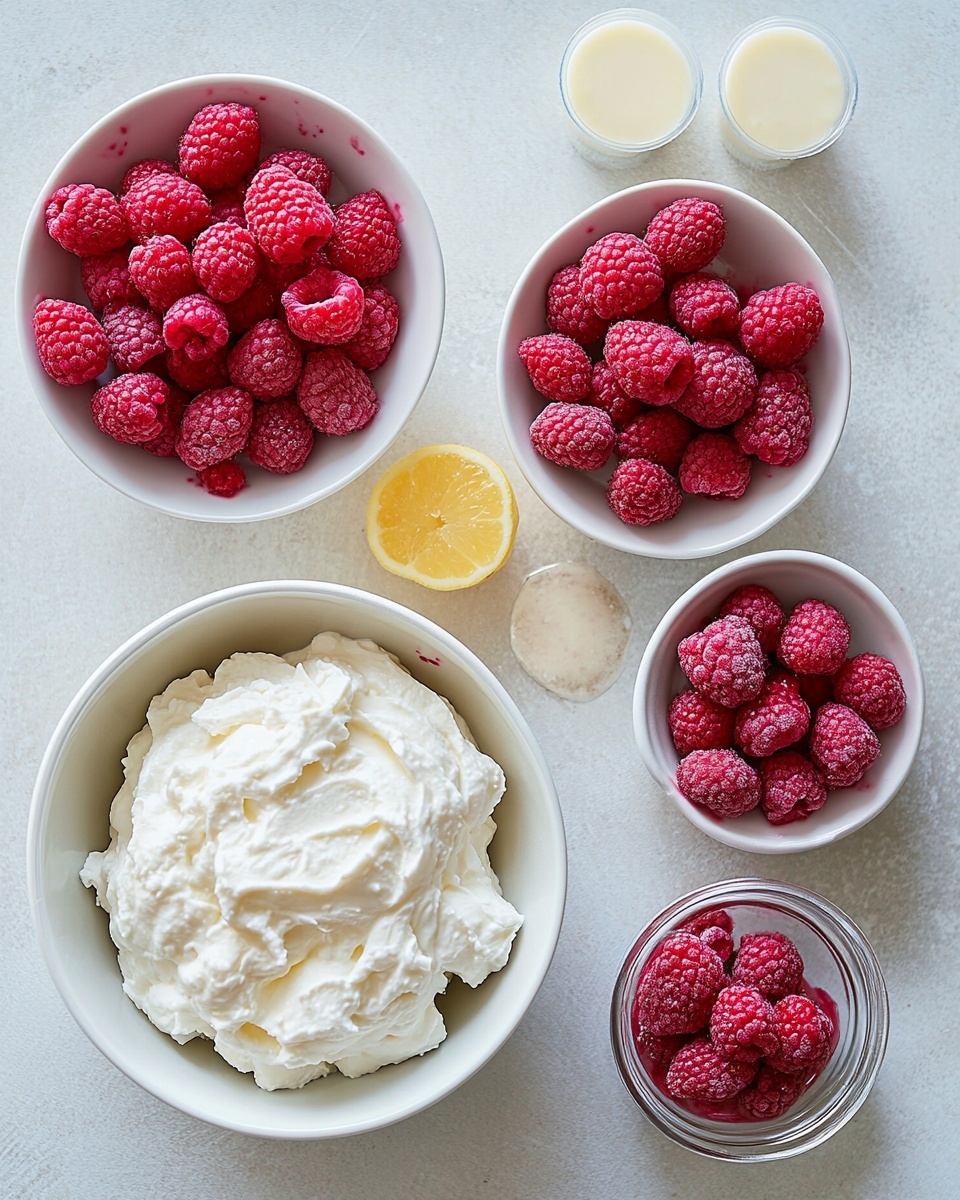 The dessert has three visible layers in a clear glass square dish on a white marbled surface. The bottom layer is made of light yellow sponge-like pieces arranged closely. Above this is a thick, smooth pink cream layer covering all the sponge pieces. The top layer consists of small, rounded dollops of light pink cream, dusted lightly with white powder, covering the entire surface evenly. To the side, there is a metal spoon with a pink handle lying on a white towel. Photo taken with an iphone --ar 4:5 --v 7