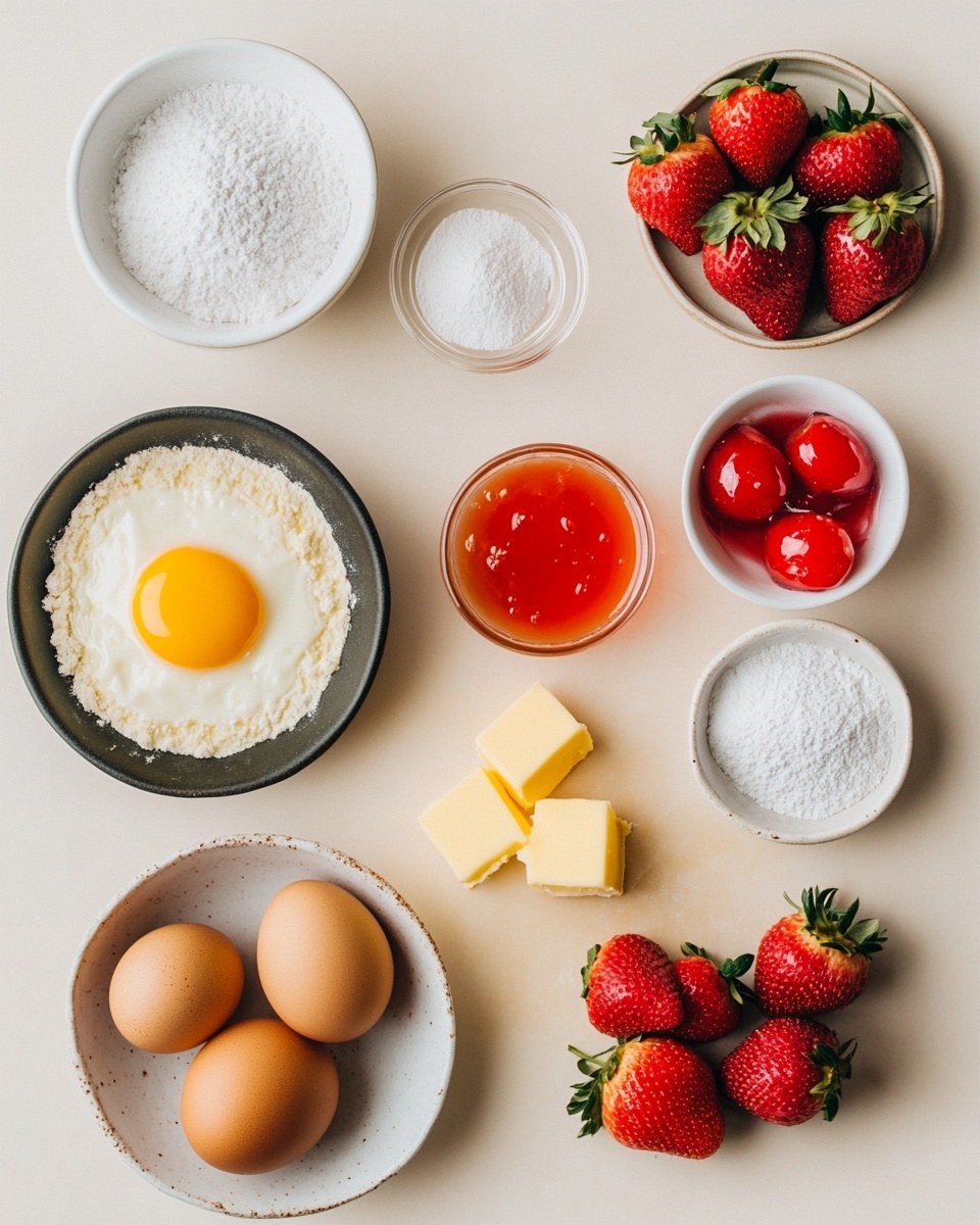 The image shows three square pink cake pieces stacked on top of each other on a white plate, placed on a white marbled surface. Each cake piece has one thick layer with a moist, soft texture and is topped with a light pink glaze that looks smooth and slightly shiny, with some dripping down the edges. The top piece has a bite taken out of it, showing the fluffy, airy inside of the cake. Around the plate are fresh strawberries, some whole and some sliced, adding bright red and green colors to the scene. A red and white patterned cloth is partly visible on the bottom left. The photo taken with an iphone --ar 4:5 --v 7