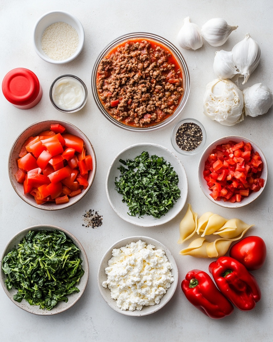 This image shows a white oval dish filled with stuffed pasta shells covered in a bright red tomato sauce and melted cheese, baked until golden and bubbly. The shells are large and soft with a slightly wrinkled texture, layered generously with white cheese that has browned lightly on top. Several fresh green basil leaves are placed on the top for color contrast. A metal serving spatula with a wooden handle lifts a stuffed shell from the center, revealing a rich filling of meat mixed with tomato sauce. The dish sits on a white marbled surface with small bowls of seasoning and a bowl of fresh basil nearby, and a soft pink cloth draped partially under the dish. photo taken with an iphone --ar 4:5 --v 7