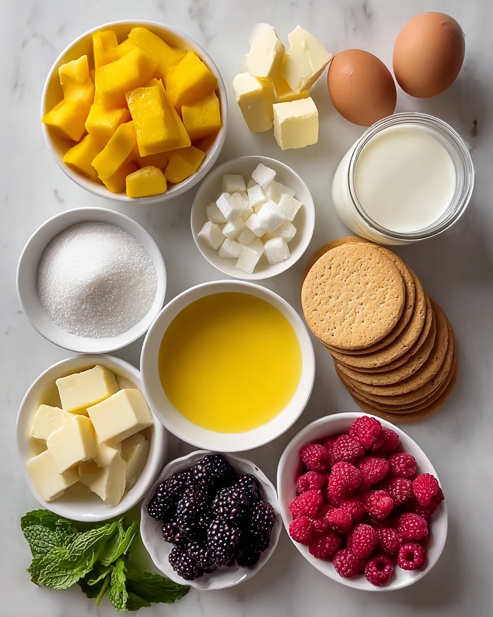 The image shows a top view of various ingredients arranged neatly on a white marbled surface. There is a large white bowl in the center filled with a smooth, bright yellow sauce or puree. Surrounding it are smaller white bowls containing different items: cubed yellow mango pieces, white sugar, and white cream cheese cubes. On one side, there is a stack of round, light golden cookies placed directly on the marbled surface. Two brown eggs sit nearby, next to a small clear glass bowl with a white liquid, and another small white bowl with a creamy beige liquid. Fresh green mint leaves are laid out beside two small bowls holding mixed berries: one with red raspberries, and the other with both blackberries and raspberries. The arrangement is clean and colorful with a fresh look. Photo taken with an iphone --ar 4:5 --v 7